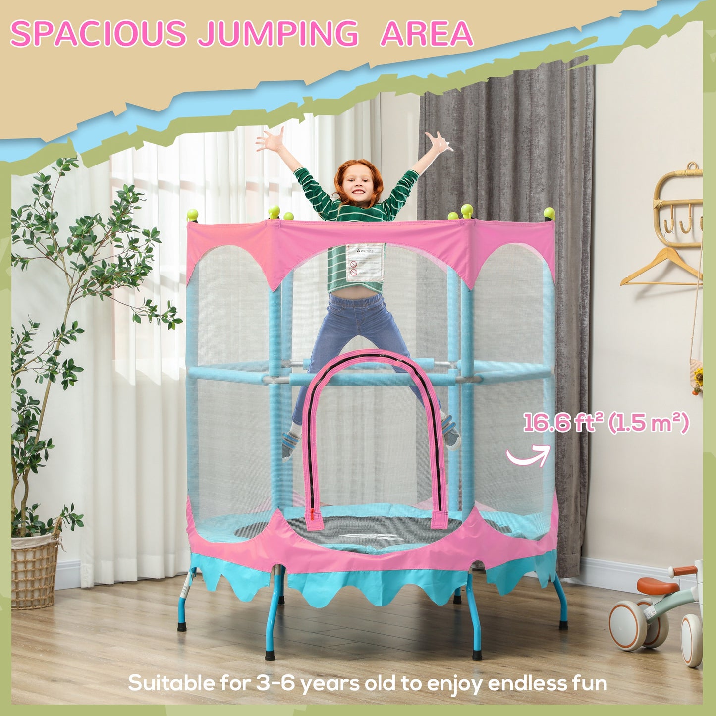 Trampoline for Kids, 4.6FT Mini Toddler Trampoline Indoor Outdoor with Handlebar, Safety Enclosure Net, Pink Kids Crystal