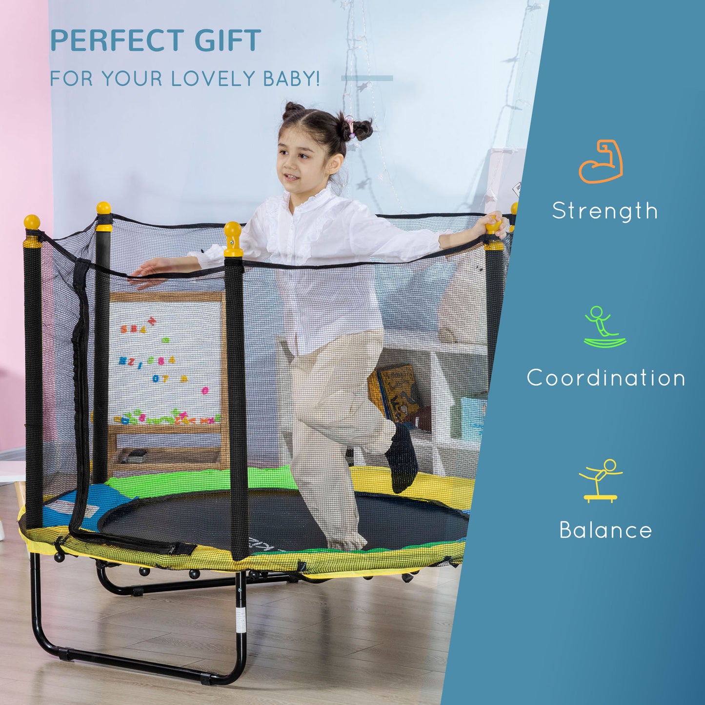 4.6FT Trampoline for Kids with Enclosure Net for Ages 3-10, Indoor Outdoor Use, Black Kids Crystal