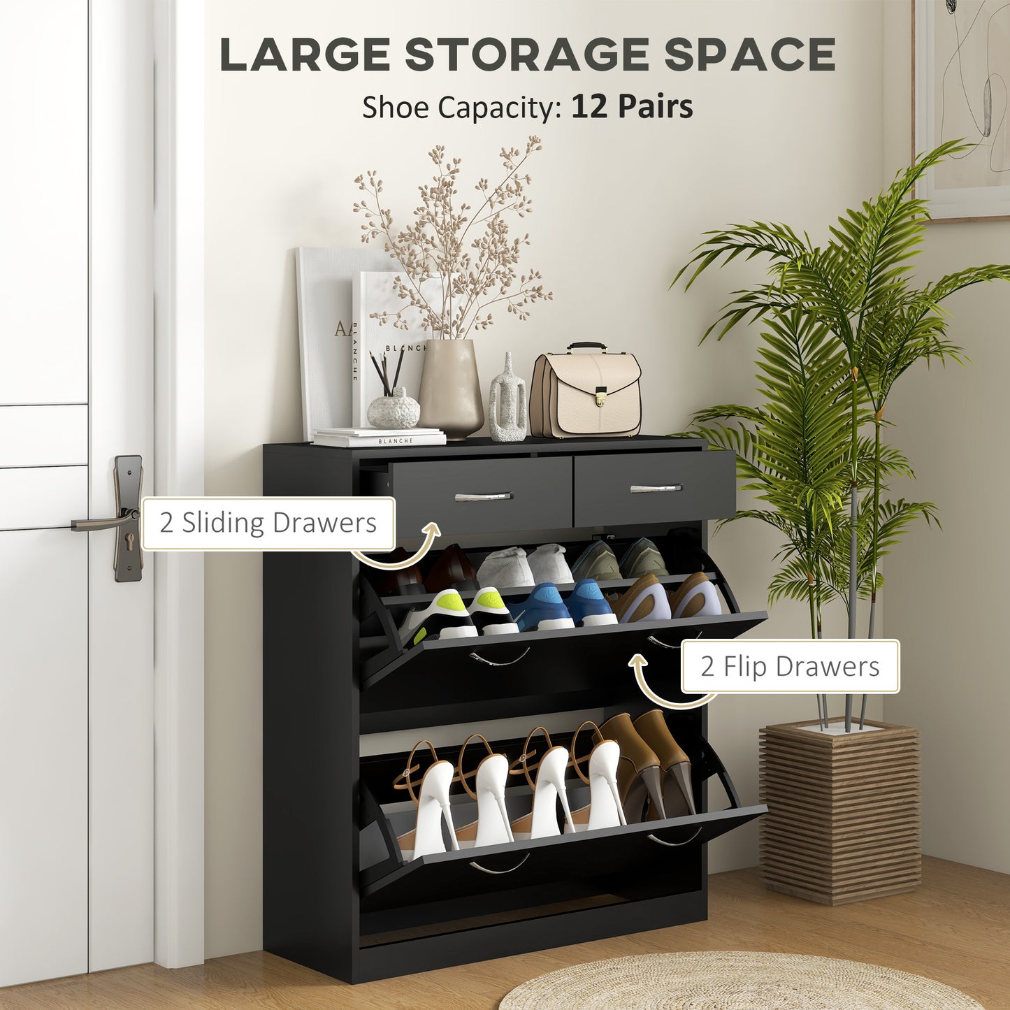 Shoe Storage Cabinet 12 Pairs Adjustable Shelves 2 Drawers Space Saving Compact Black Kids Crystal