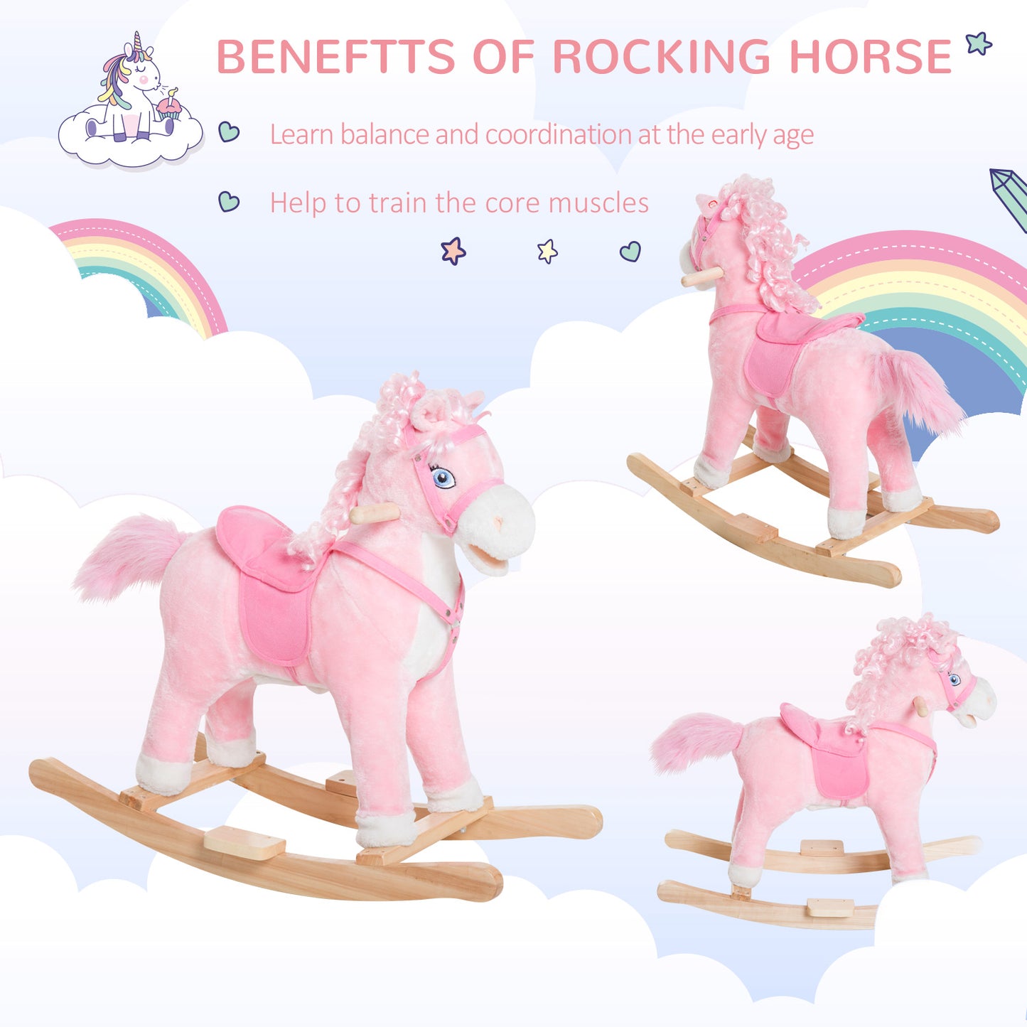 Kids Plush Rocking Horse Poney Child Ride On Toy Rocker w/ Realistic Sounds Pink Kids Crystal
