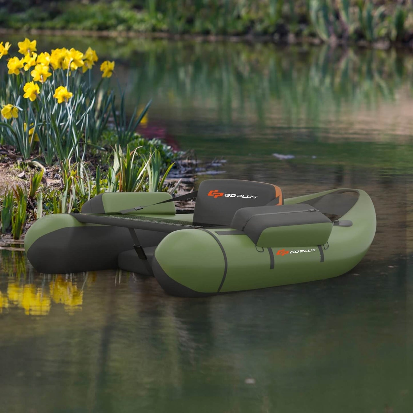Inflatable Fishing Float Tube with Pump Storage Pockets and Fish Ruler-Green Kids Crystal