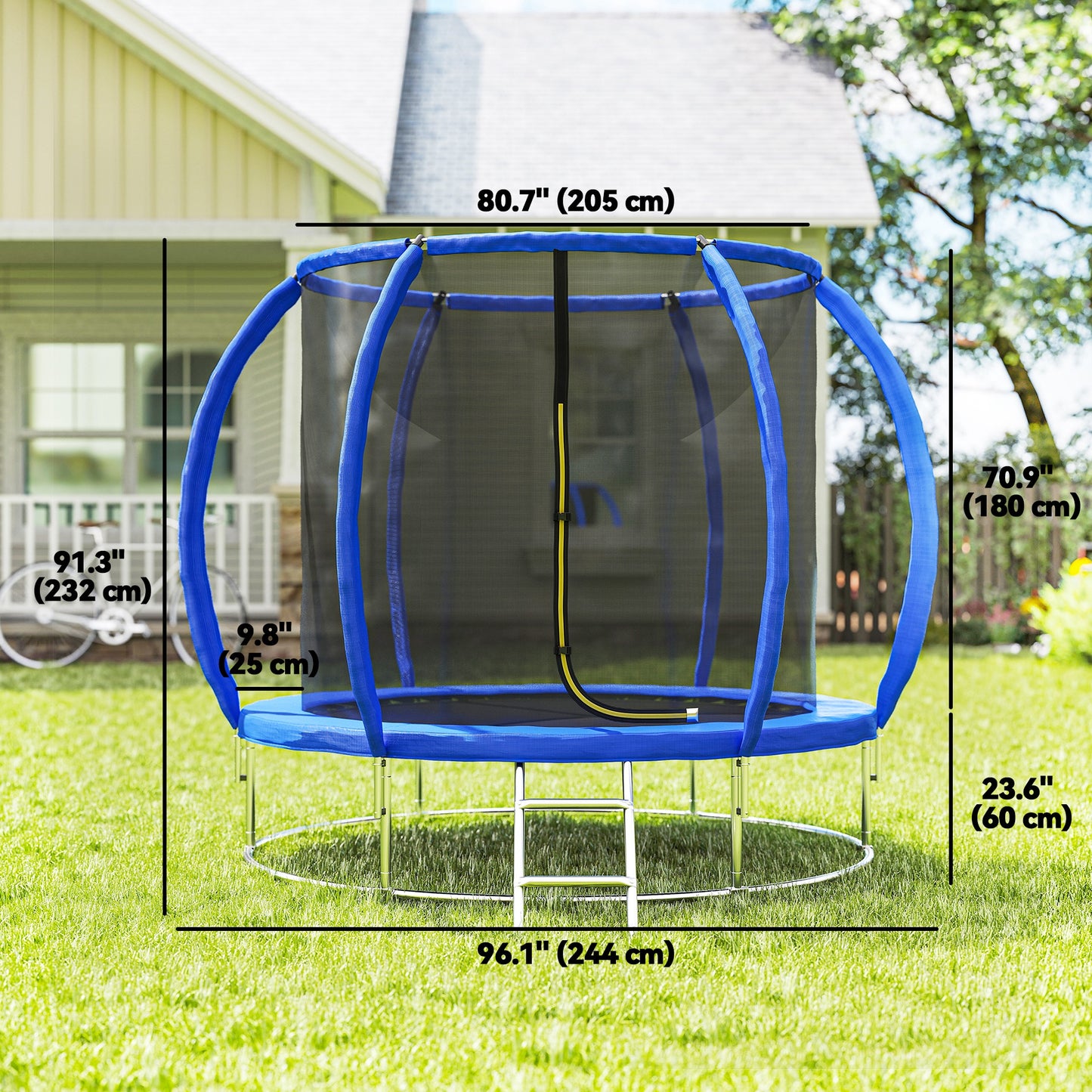 8ft Kids Trampoline Outdoor, ASTM Certified, with Circular Base, Enclosure Net, Ladder and Curved Poles Kids Crystal