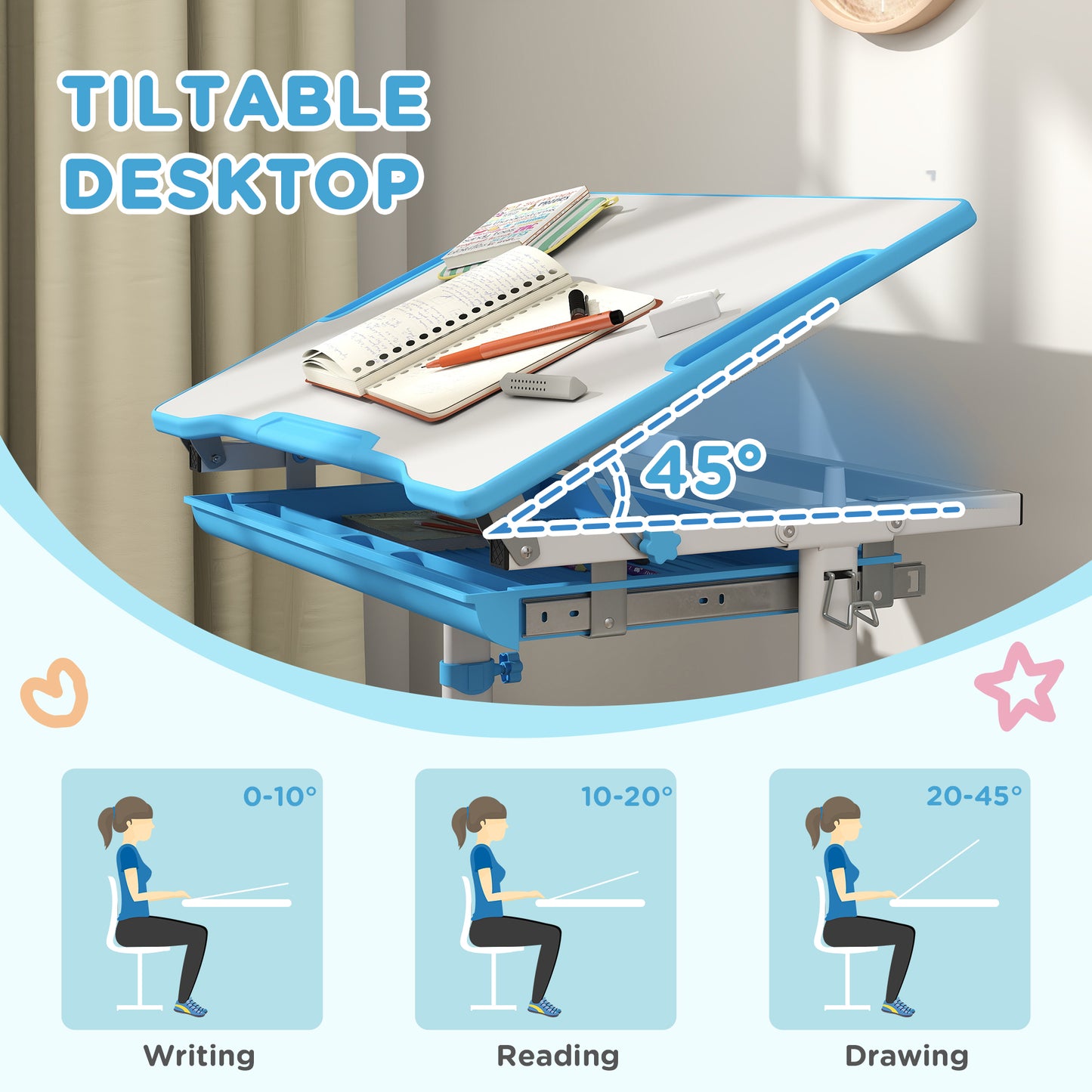 Height Adjustable Study Table and Chair Set with Drawer, Pen Slot, Tiltable Desktop, Hook, Blue Kids Crystal