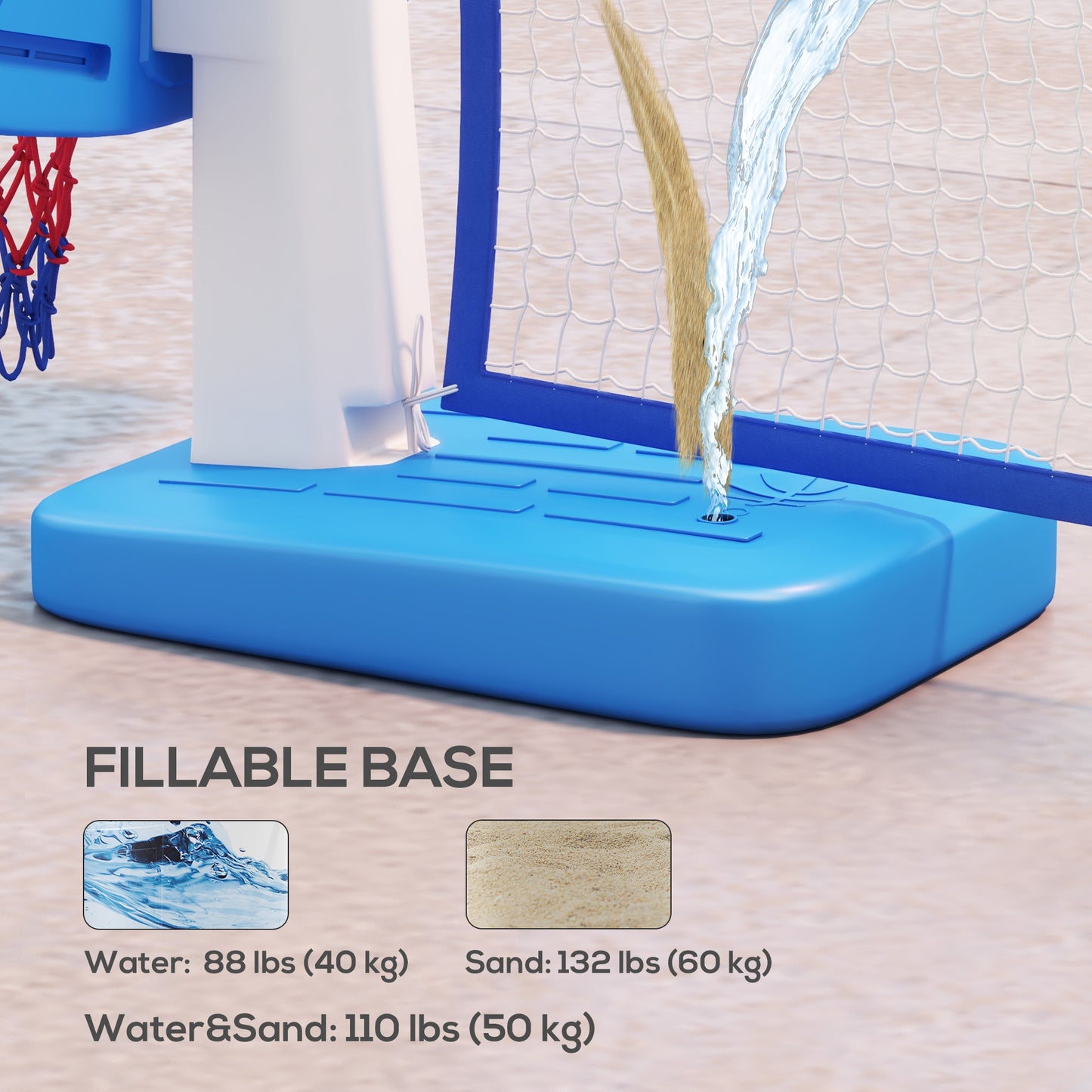 2-in-1 Pool Basketball Hoop Poolside & Volleyball Set, Portable Basketball Hoop with Fillable Base Kids Crystal