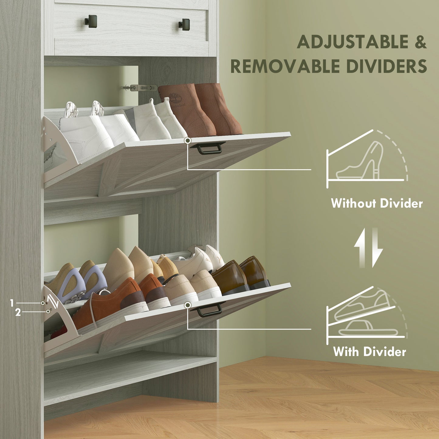 Narrow Shoe Storage Cabinet, Farmhouse Shoe Cabinet with 2 Flip Drawers, 1 Drawer, 12 Pairs for Entryway, White Kids Crystal