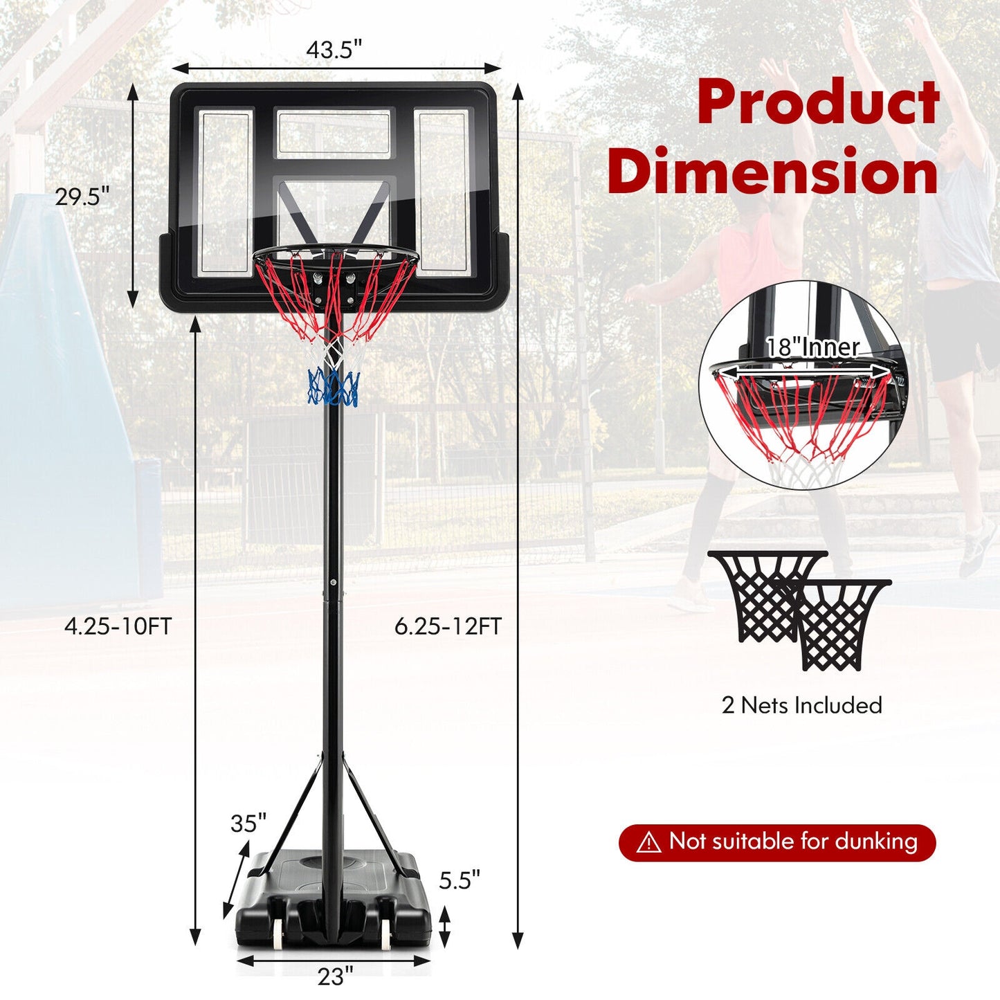 4.25-10 Feet Basketball Hoop System with Adjustment Holes and 2 Nets Kids Crystal