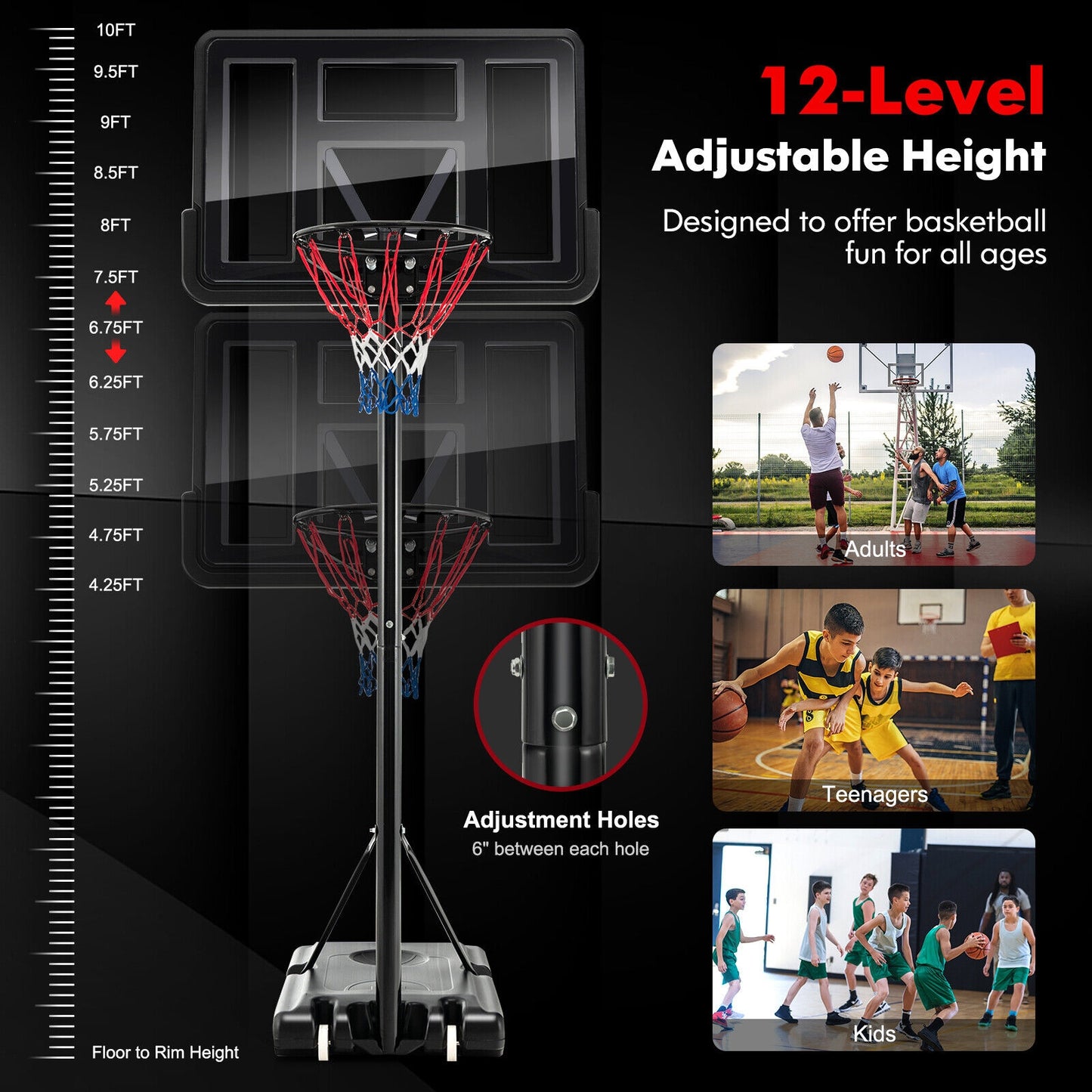 4.25-10 Feet Basketball Hoop System with Adjustment Holes and 2 Nets Kids Crystal