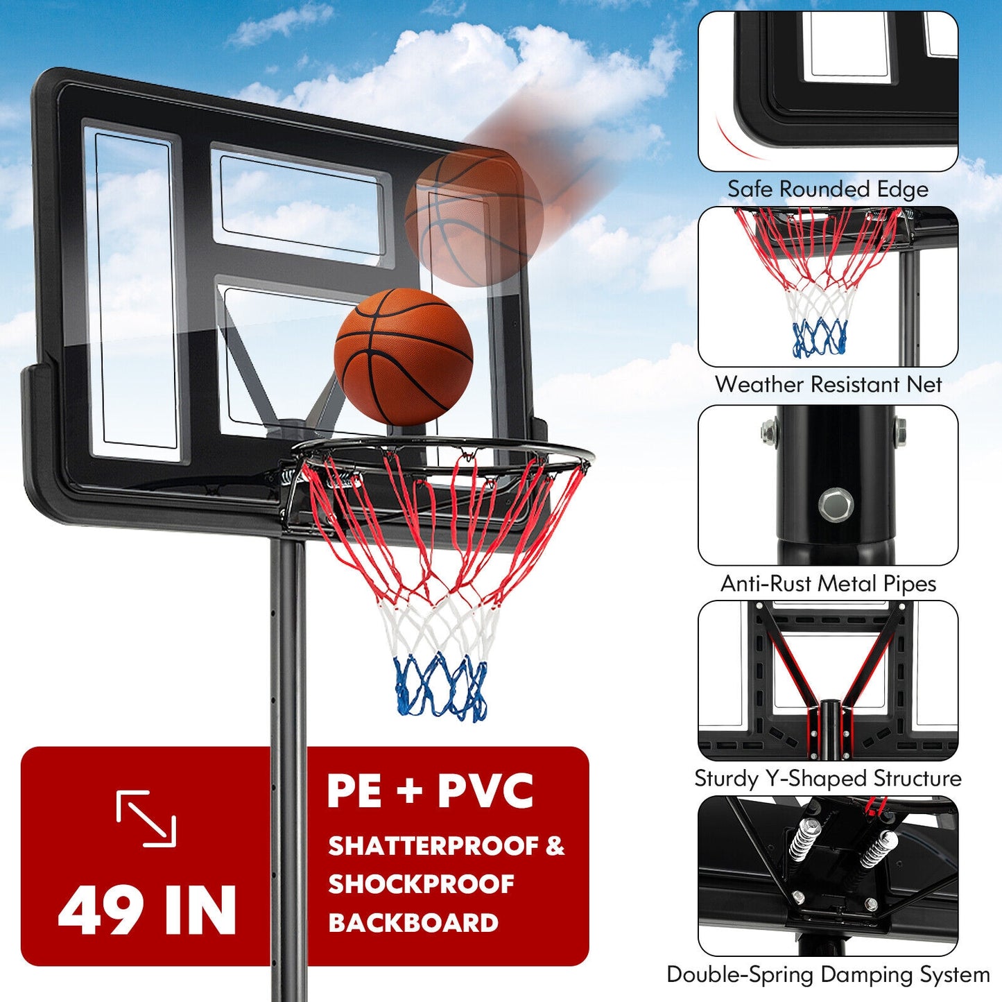 4.25-10 Feet Basketball Hoop System with Adjustment Holes and 2 Nets Kids Crystal