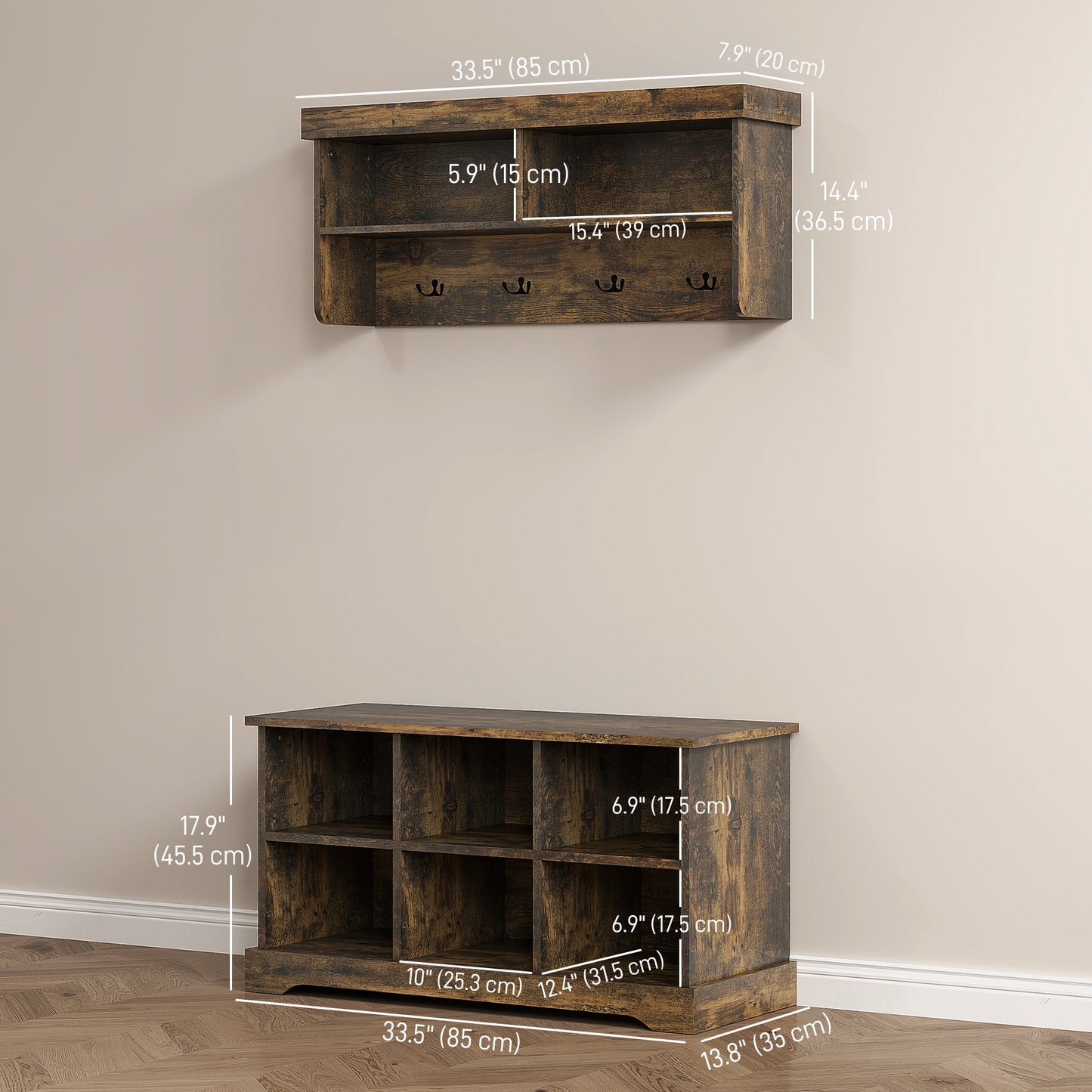 Coat Rack Shoe Bench Set, Entryway Shoe Bench with 8 Storage Cubbies, 4 Hooks for Hallway, Living Room, Rustic Brown