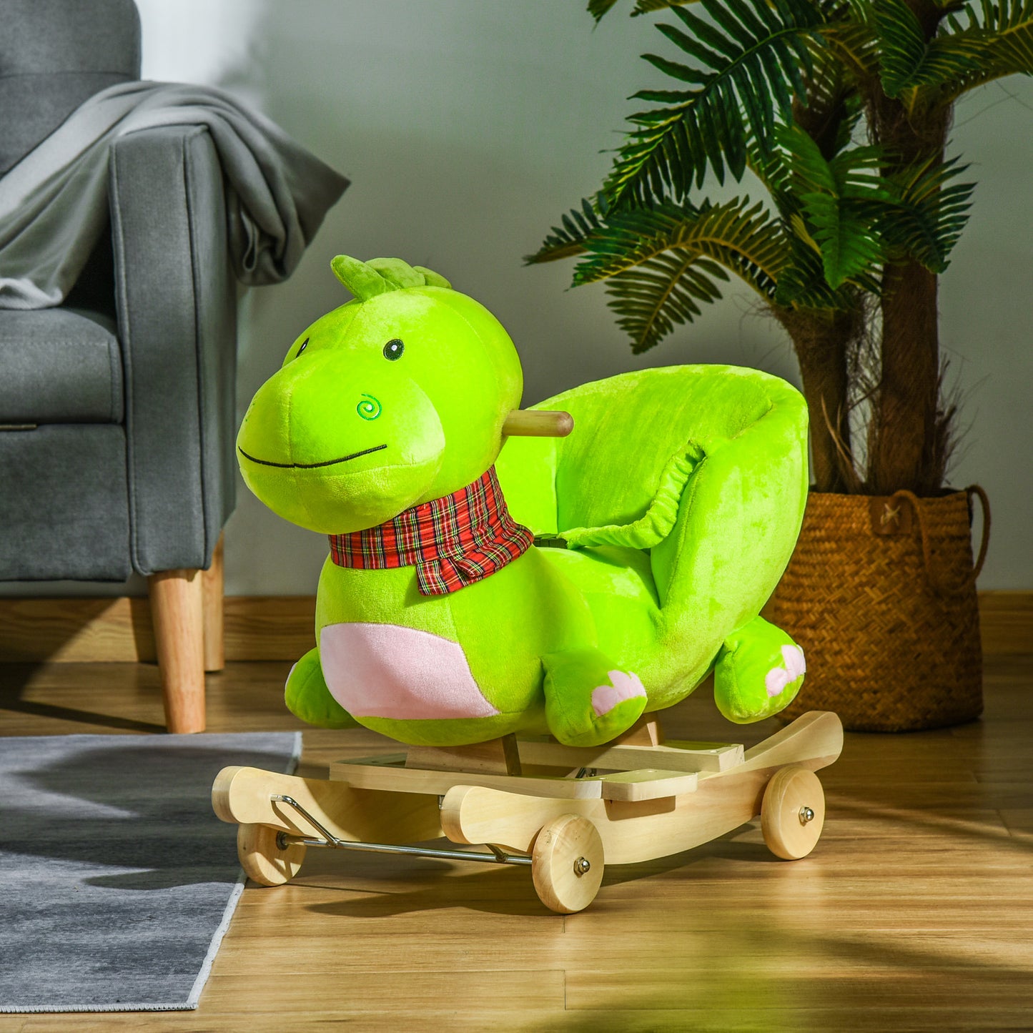 2-in-1 Plush Ride-On Rocking Dinosaur Stroller with Nursery Rhymes Green for 18+ Months Kids Crystal