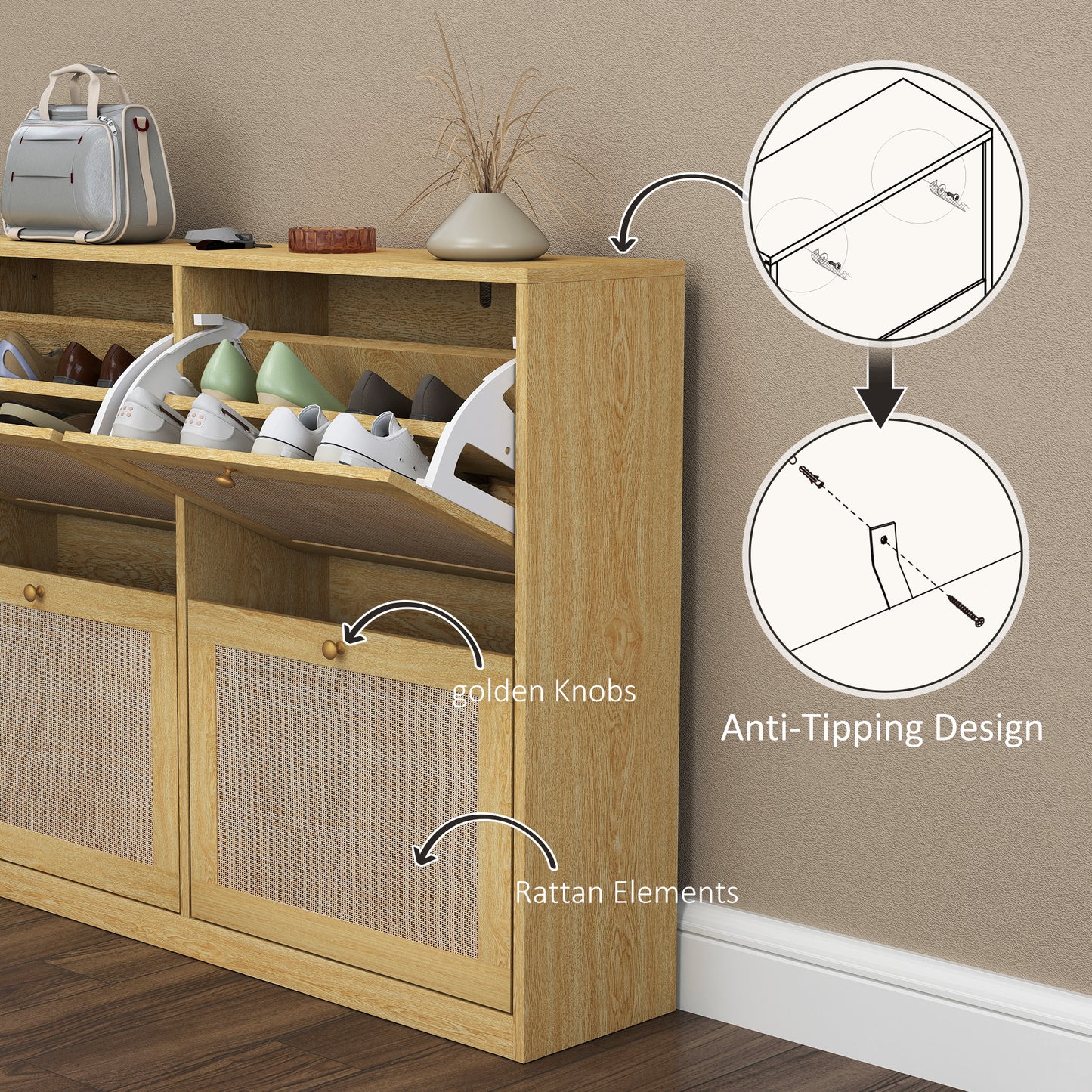 Narrow Shoe Storage Cabinet, Rattan Shoe Cabinet with 4 Flip Drawers and Adjustable Shelves for 20 Pairs, Oak Kids Crystal