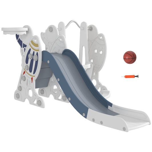 Galactic Playtime: 3 in 1 Toddler Swing Slide Set with Basketball Hoop, Indoor Playground Space Theme, White Blue Finish Kids Crystal