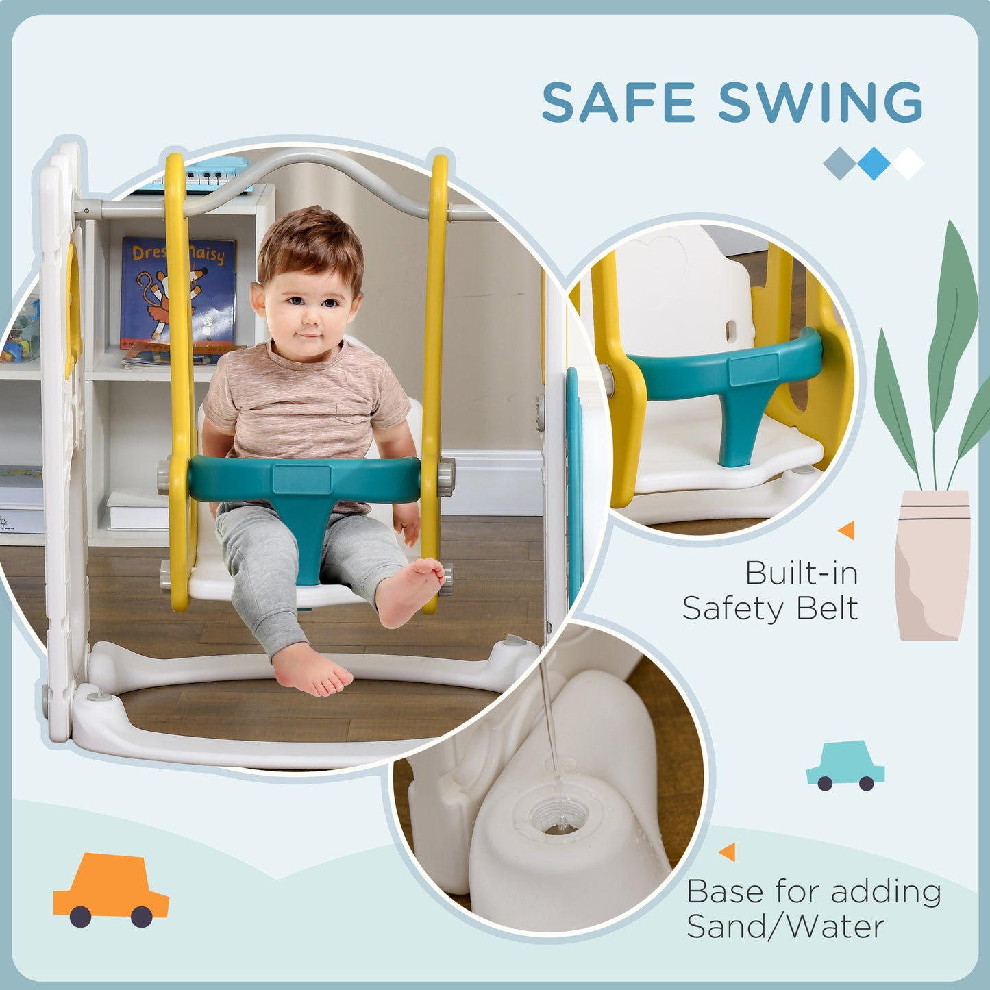 6-in-1 Slide and Swing Set Baby Swing Playset Indoor with Basketball Hoop, Climber, Storage Space, Telescope, Yellow Kids Crystal