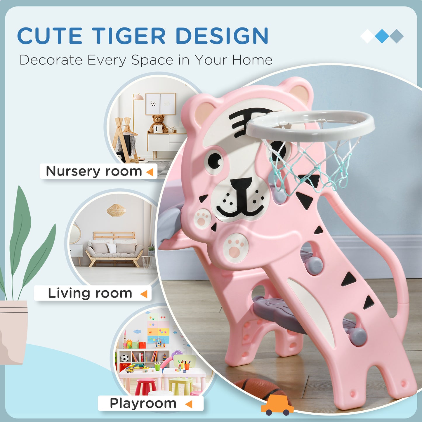 2 in 1 Slide for Toddlers, Kids Slide Playset with Basketball Hoop for 18-36 Months, Pink Kids Crystal
