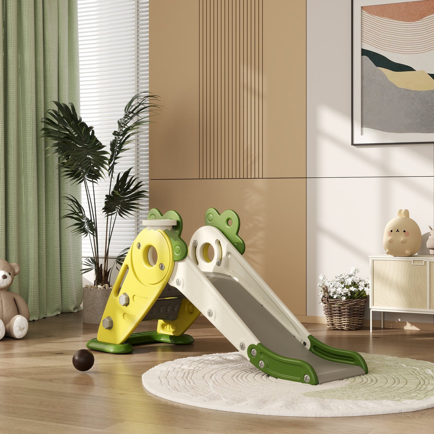 3 in 1 Foldable Toddler Slide with Basketball Hoop, Climber, for 1-3 Years Old, Yellow Kids Crystal