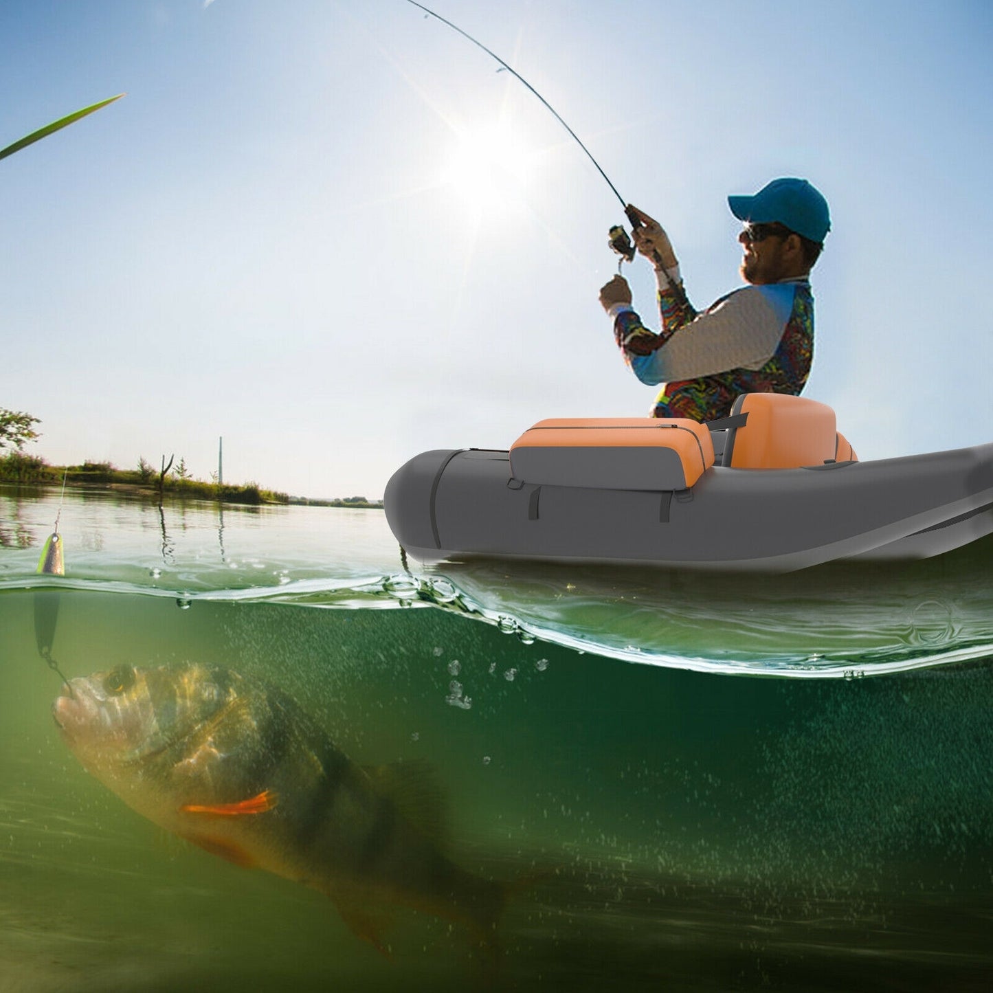 Inflatable Fishing Float Tube with Pump Storage Pockets and Fish Ruler-Gray Kids Crystal