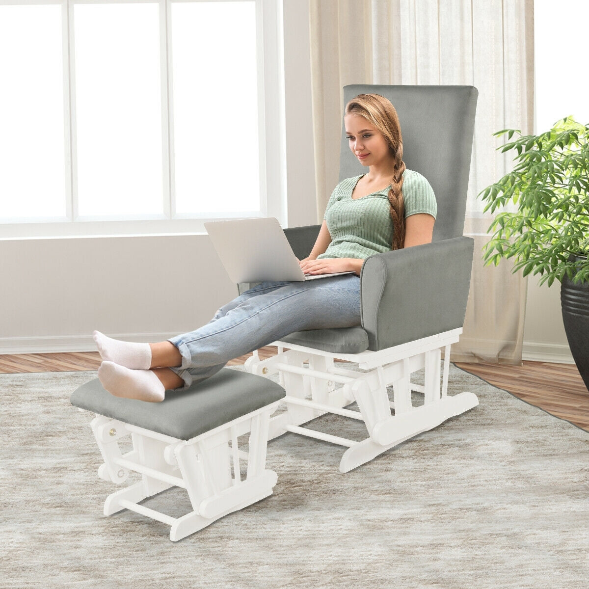 Baby Nursery Relax Rocker Rocking Chair Glider & Ottoman Set-Gray Kids Crystal