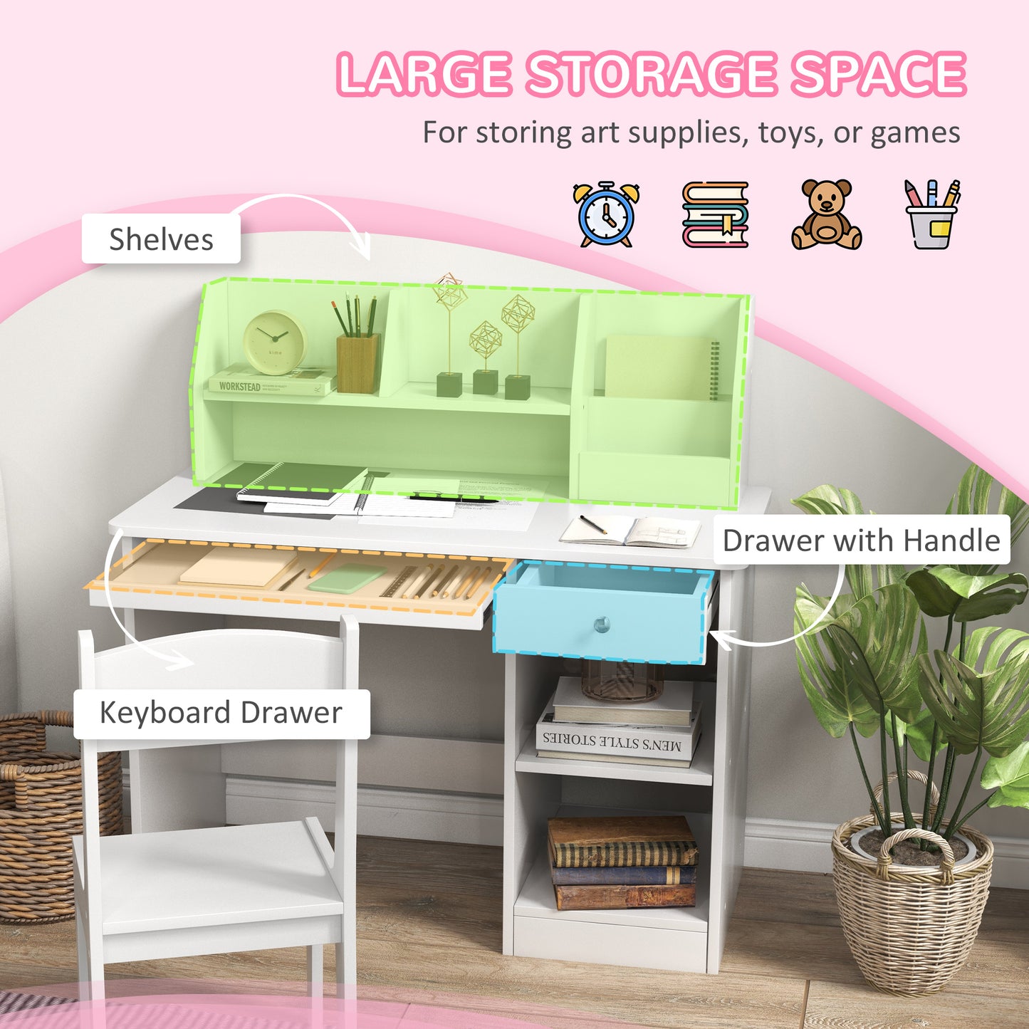 Kids Desk and Chair Set for 5-8 Year Old with Storage Study Table and Chair for Children White Kids Crystal