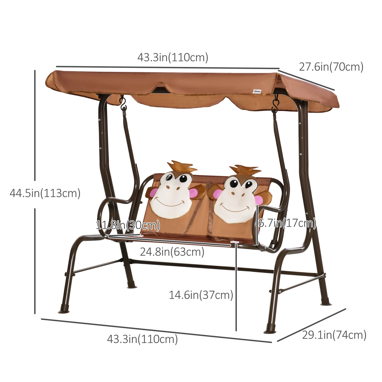 2-Seat Kid Swing with Adjustable Canopy Coffee Outdoor Patio Lounge Chair for Garden Porch