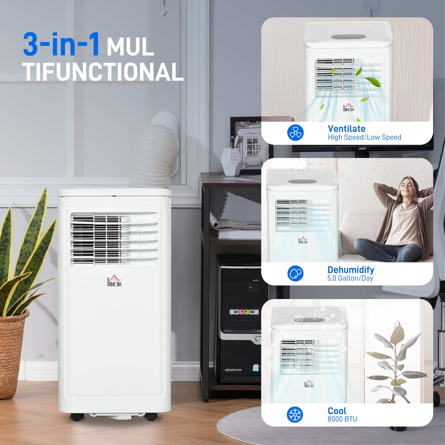 Portable Air Conditioner 8000 BTU Remote 4-in-1 Dehumidifier Fan 24H Timer White