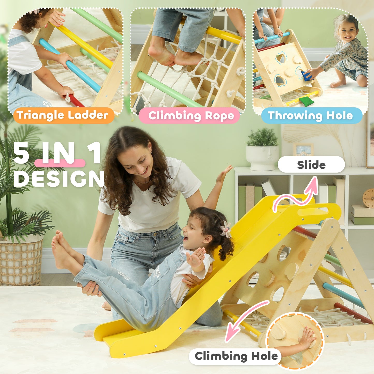 5 in 1 Pikler Triangle Set with Slide, Sandbags, for 18-48 Months Kids Crystal