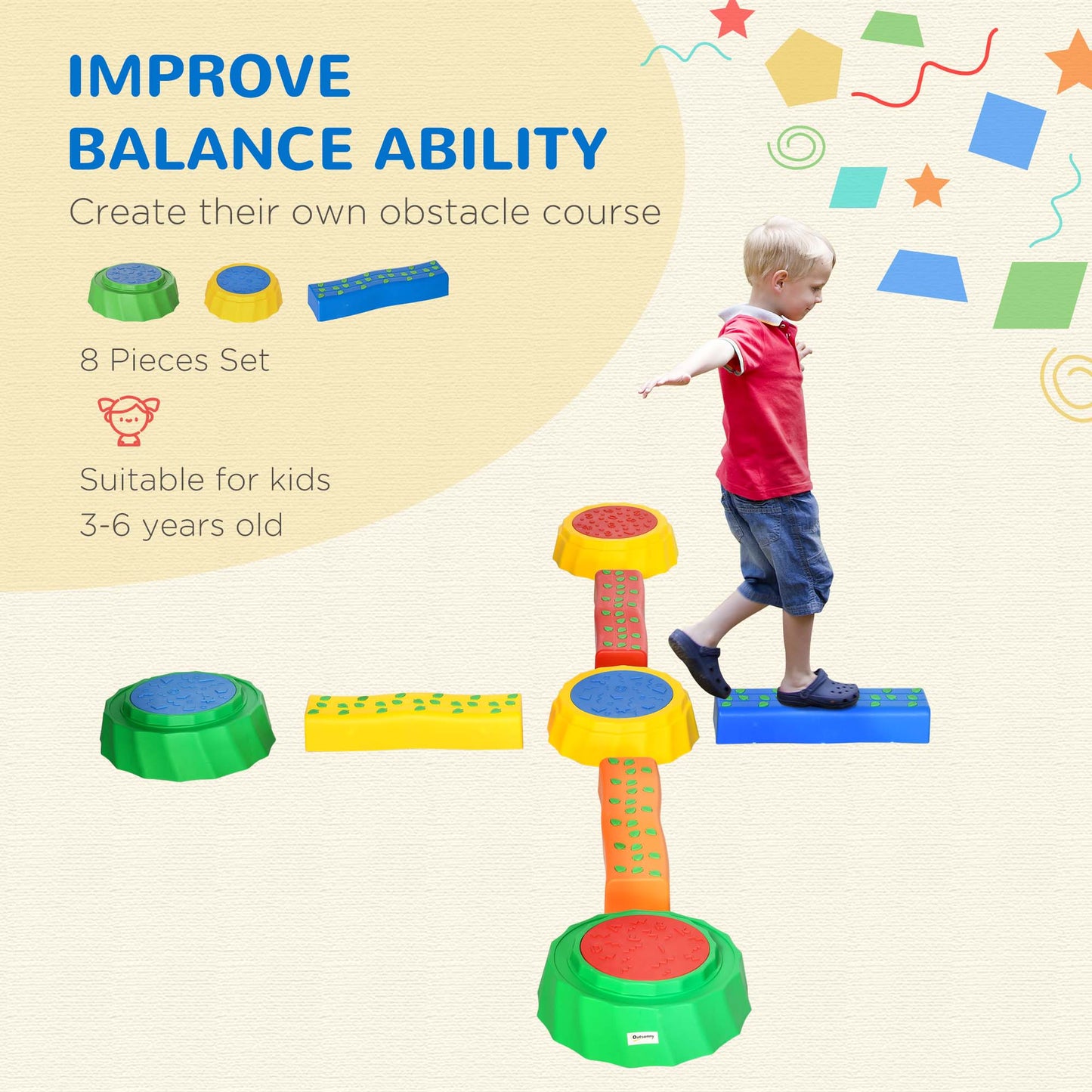 Stepping Stones: 8pc Toddler Balance Beam Set, Non-slip Surface, Stackable Stepping Stones for Kids Sensory Play Equipment Kids Crystal