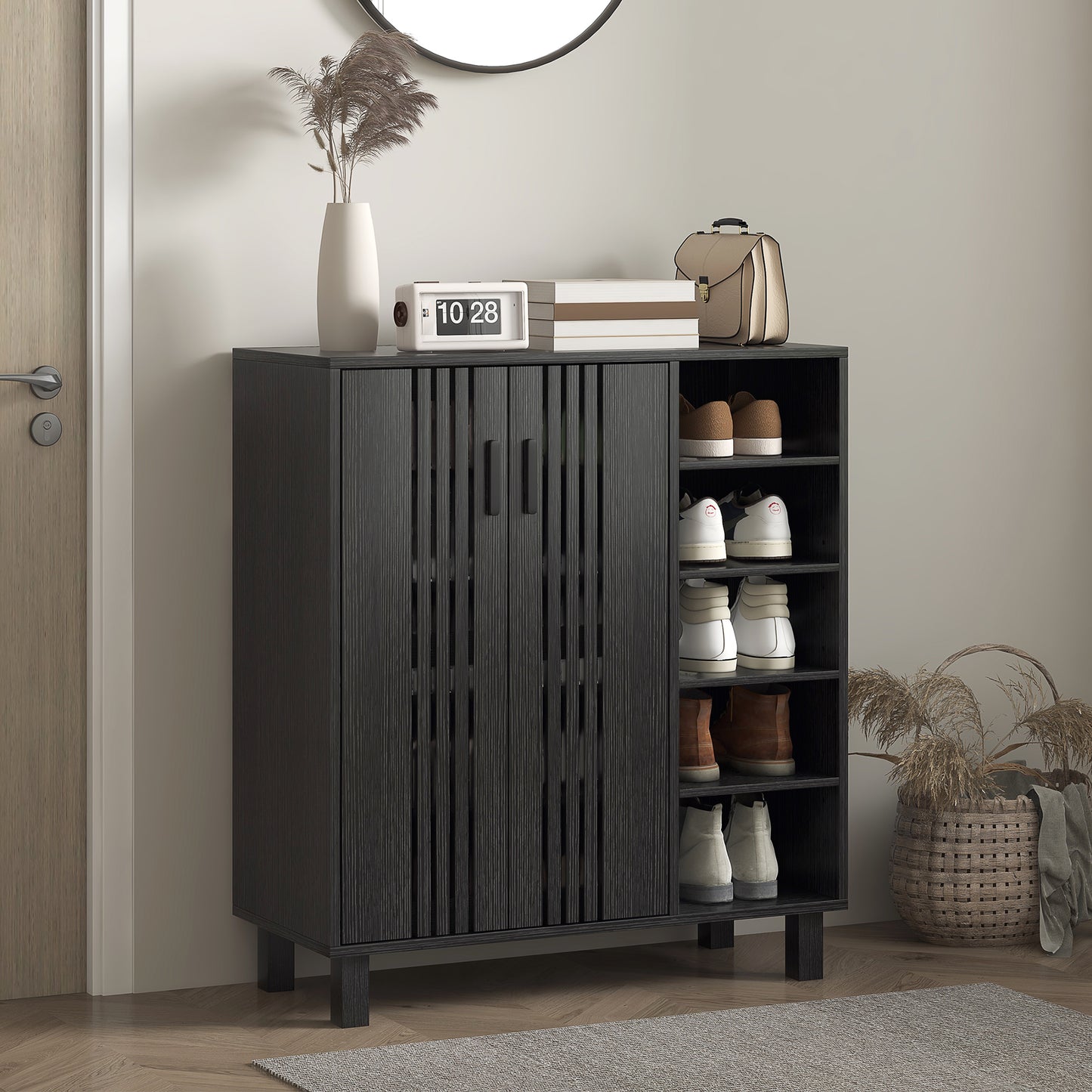 Shoe Storage with Double Doors Open Shelves 17 Pair Shoe Storage Organizer for Entryway Hallway Black Kids Crystal