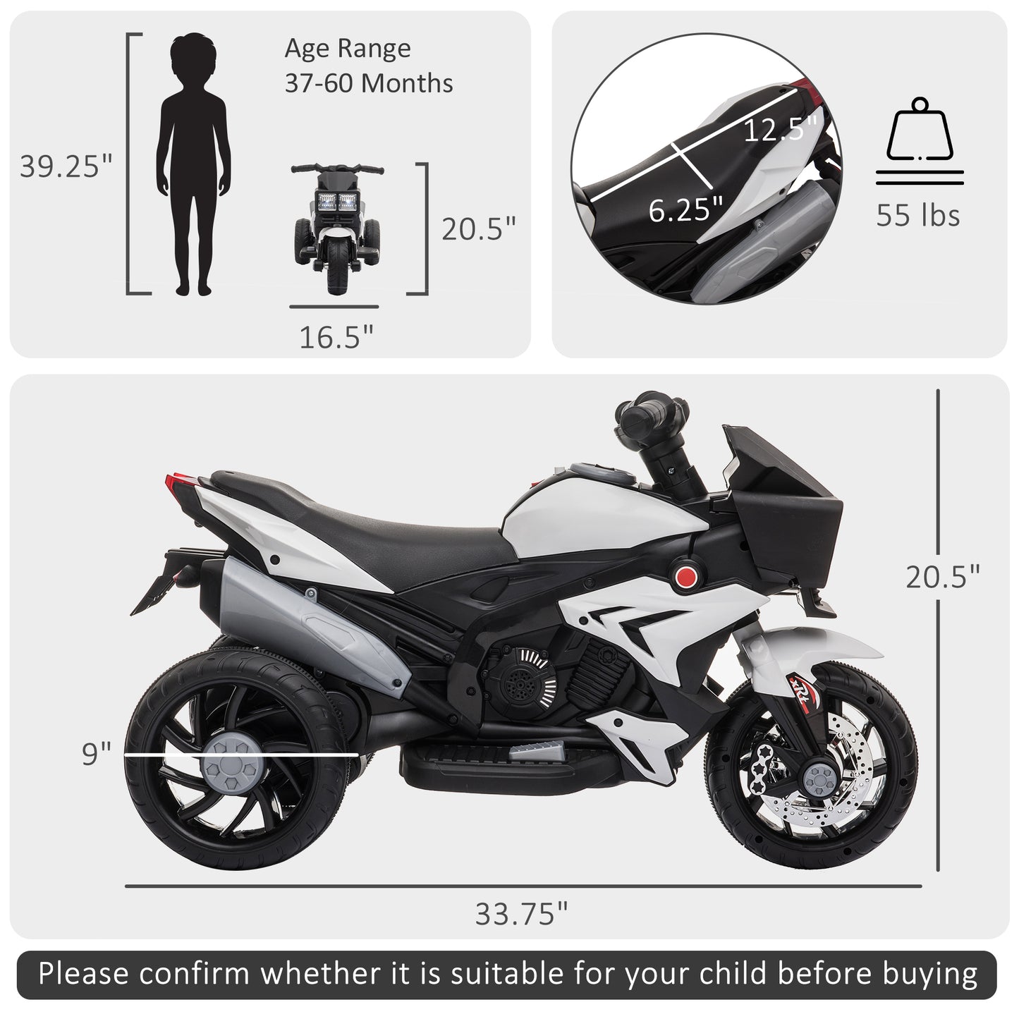 Kids Electric Pedal Motorcycle Ride-On Toy 6V Battery Powered with Music Horn Headlights for Boys and Girls White Kids Crystal