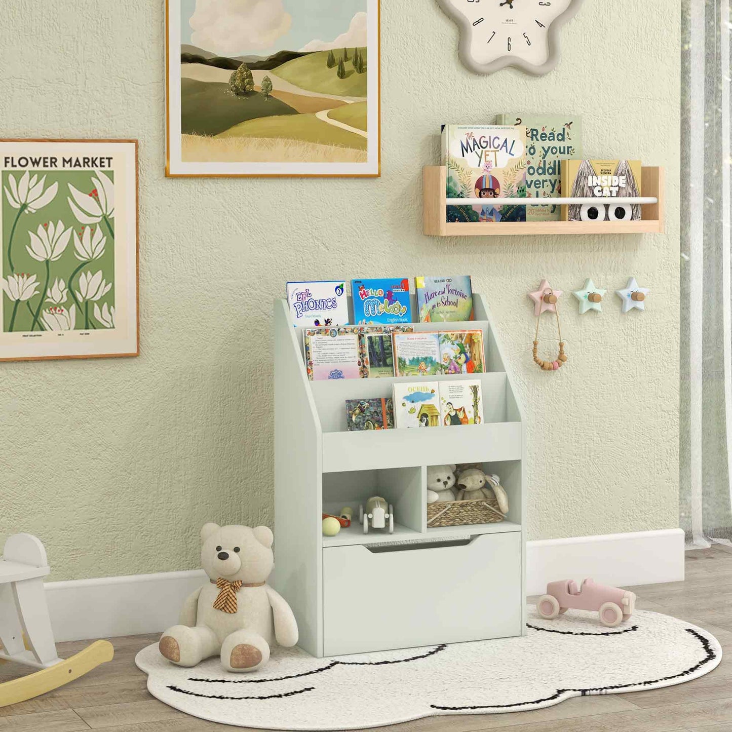 Kids Bookcase with Storage Drawer for Books, Reading Nook, for Classroom, Bedroom, Playroom, Green Kids Crystal