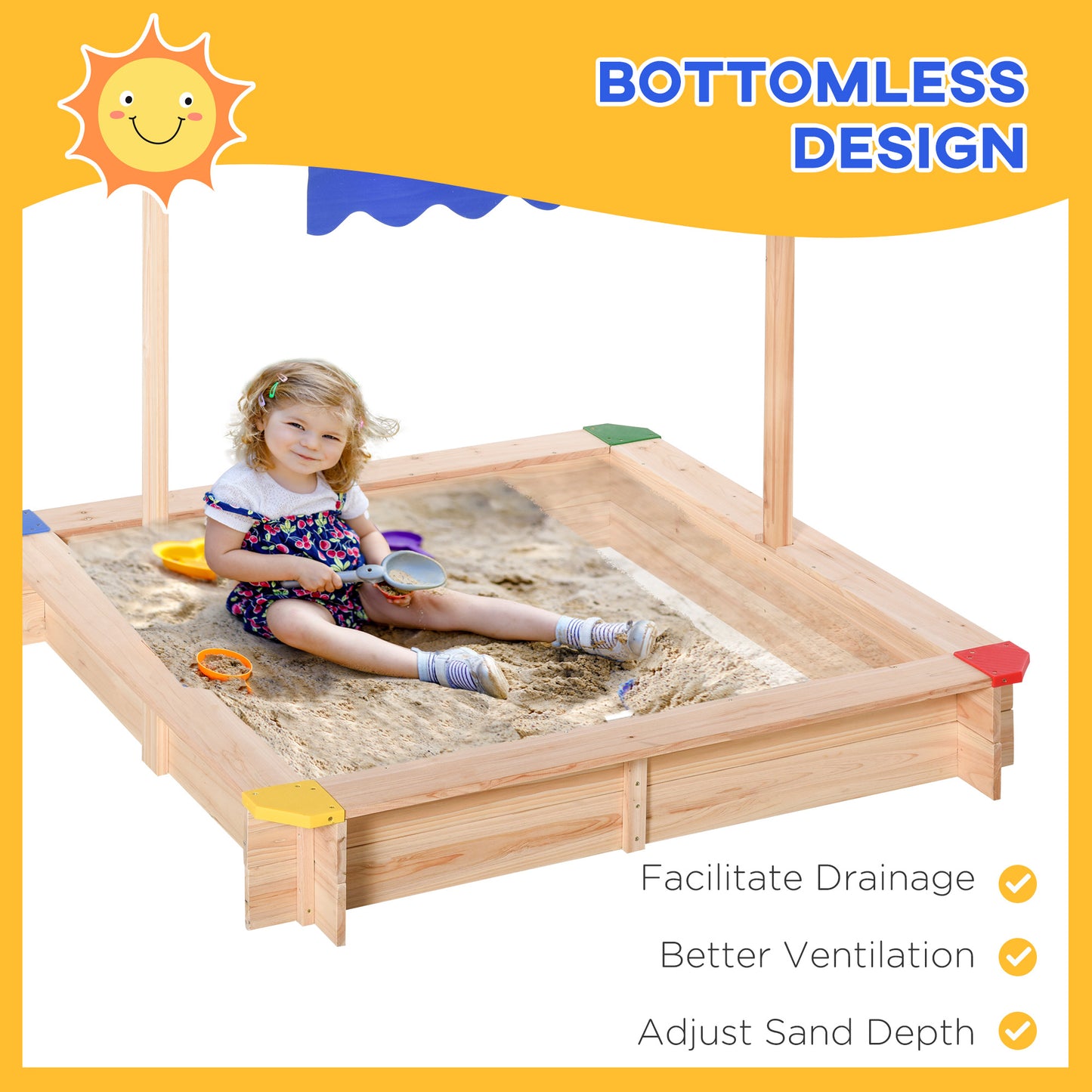 Kids Wooden Sandbox, Play Station for Children Outdoor, with Adjustable Canopy Shade, Seats, for Backyard, Beach Kids Crystal