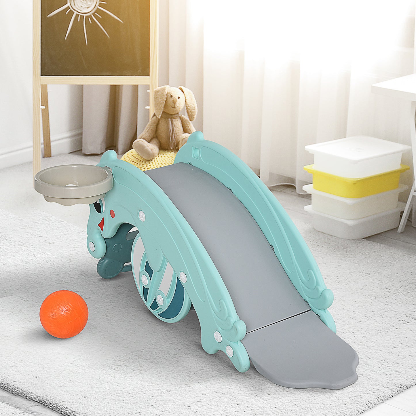 3-in-1 Kids Slide Rocking Horse Activity Equipment Portable Green for Ages 3-5 Kids Crystal