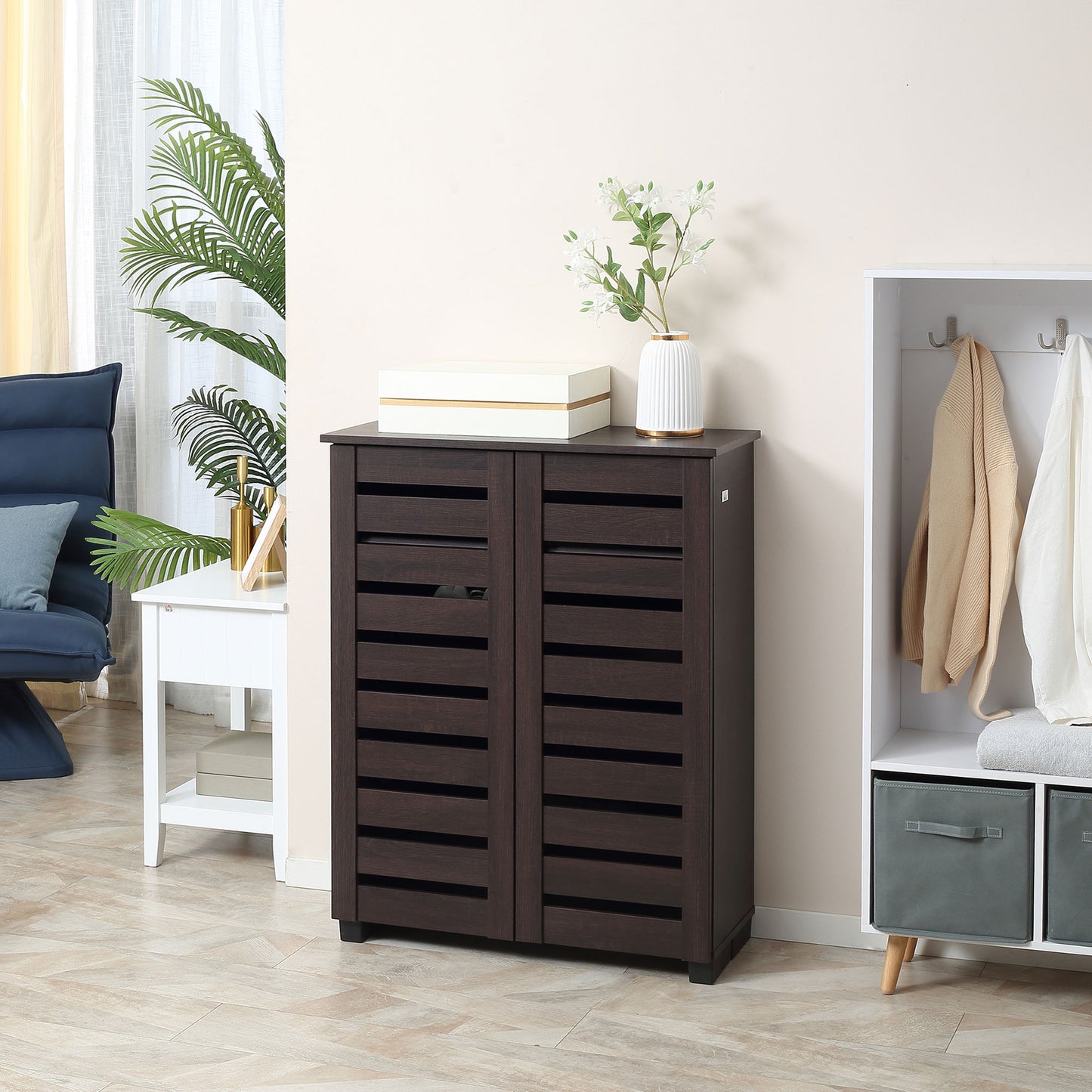 Shoe Cabinet with 2 Slatted Doors 5-Tier Shelving Cupboard for 15 Pairs of Shoes Entryway Storage Unit Dark Brown Kids Crystal