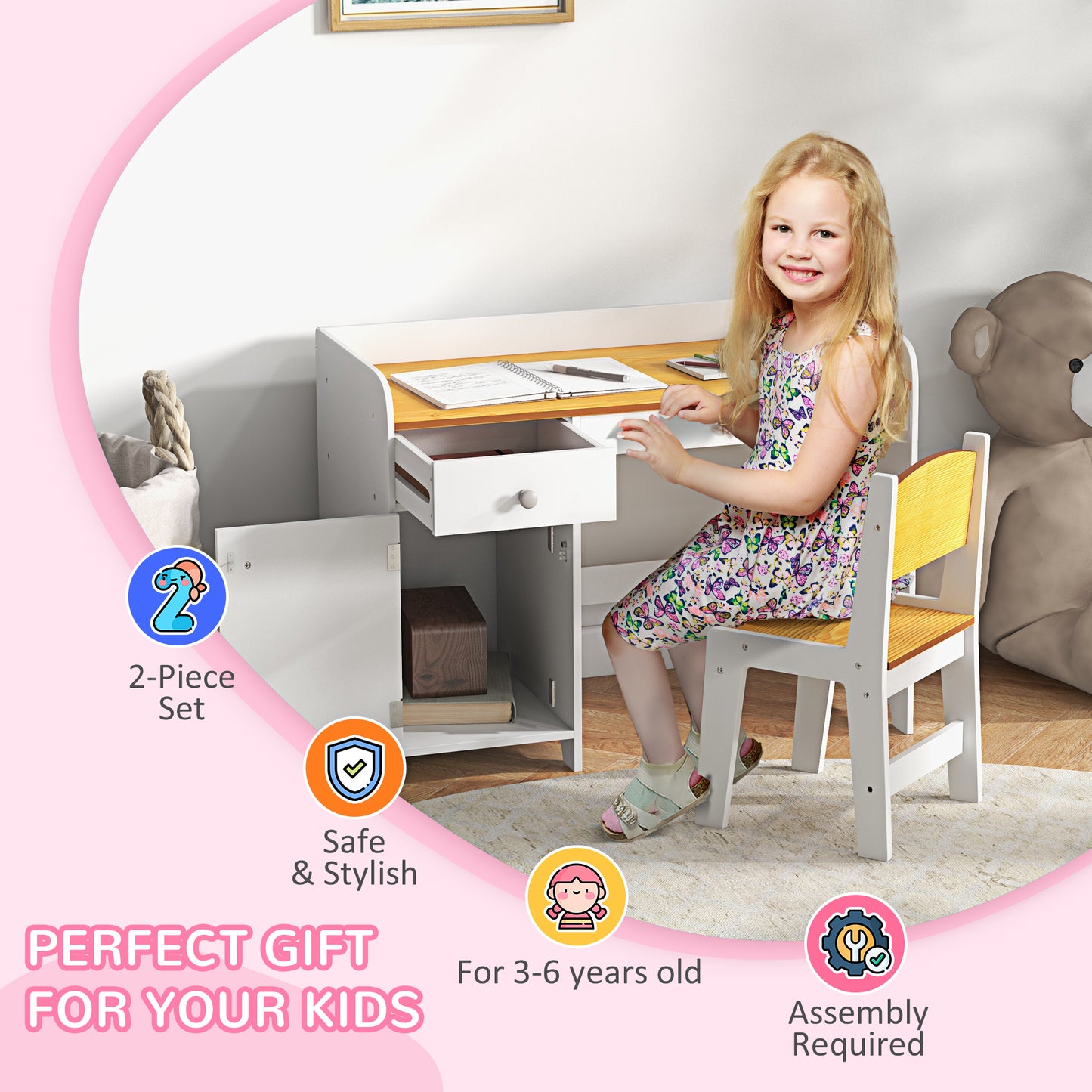 Kids Desk and Chair Set for 3-6 Year Old with Storage Drawer Study Table and Chair for Children White Kids Crystal