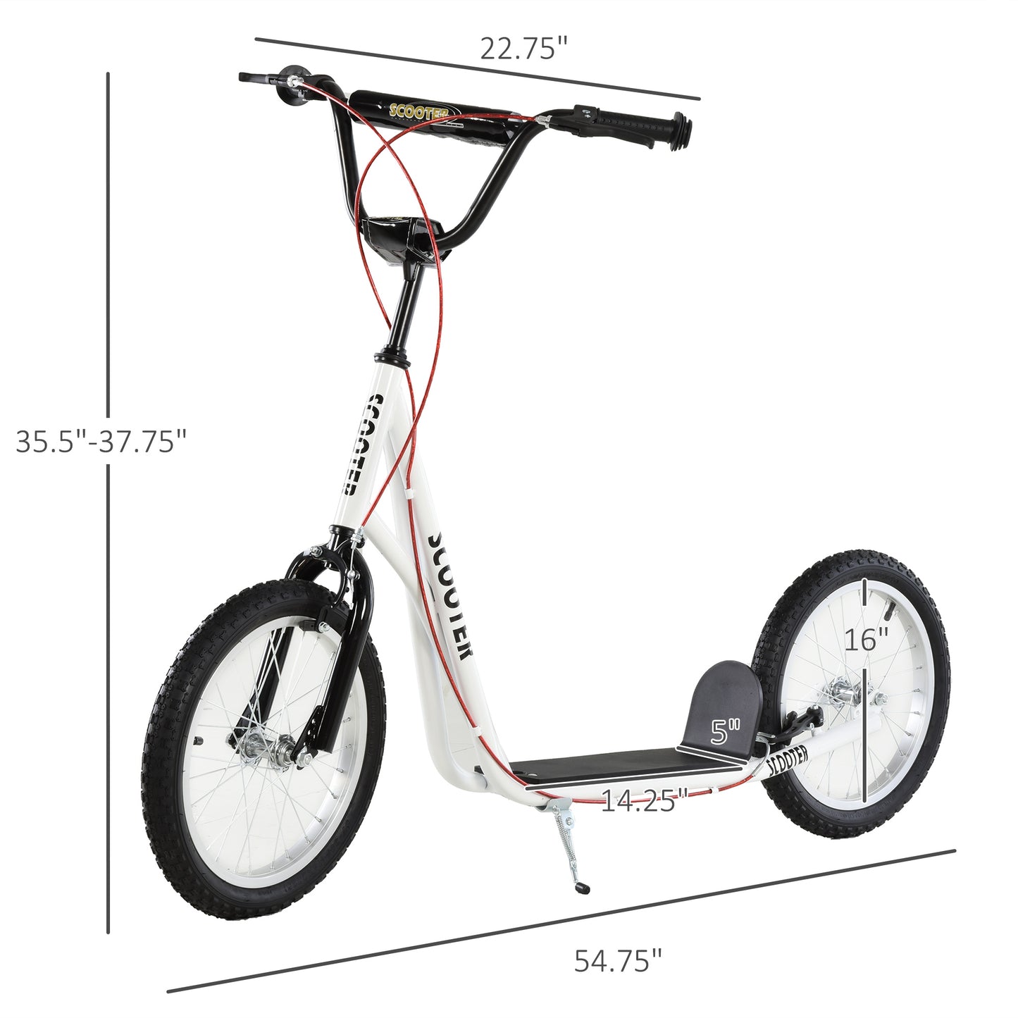Youth Kick Scooter: Adjustable Handlebar, Dual Brakes, Inflatable Wheels for Teens 5+ - White Kids Crystal