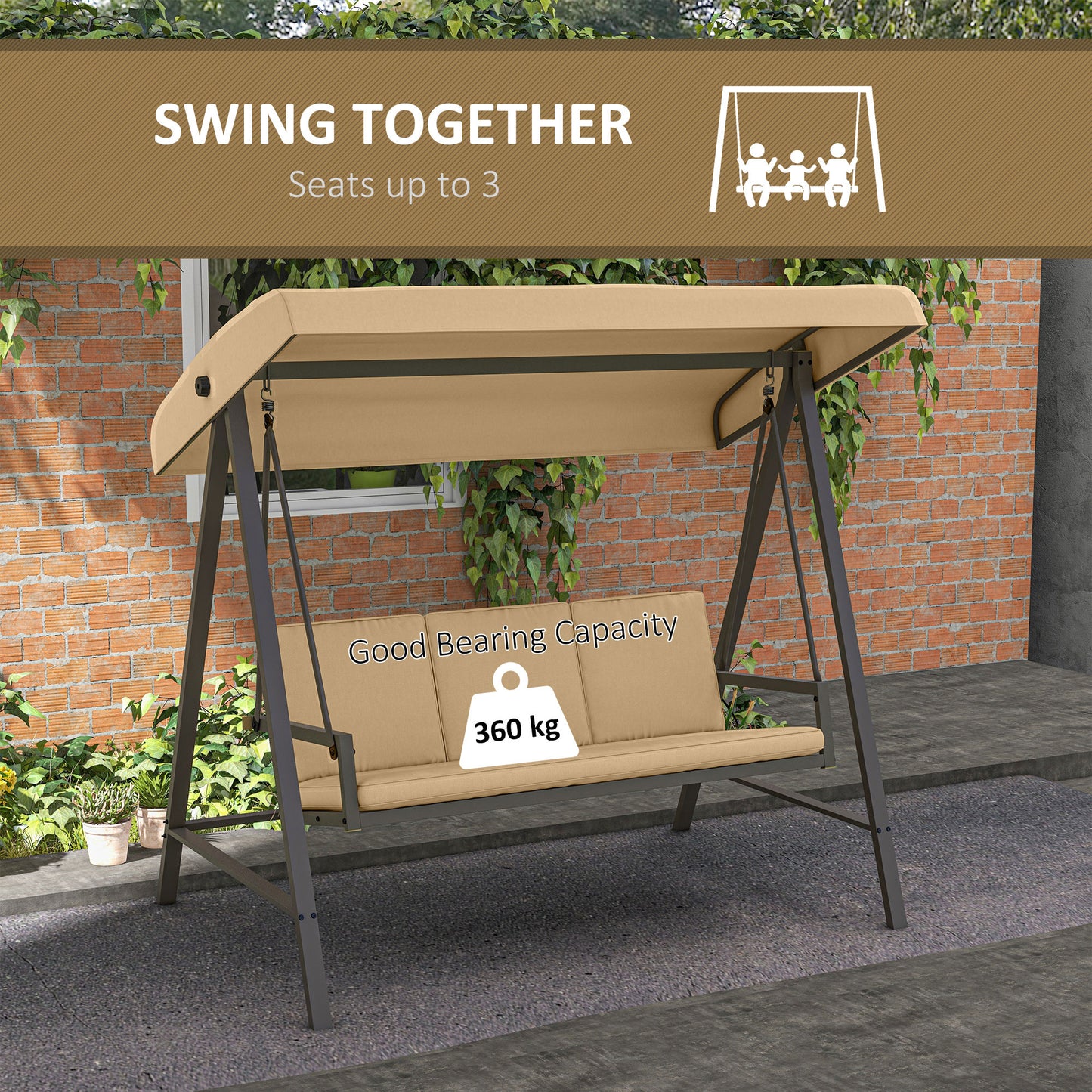 3 Seater Patio Swing Chair, Porch Swing with Adjustable Canopy and Removable Cushions, Outdoor Swing Seat, Beige