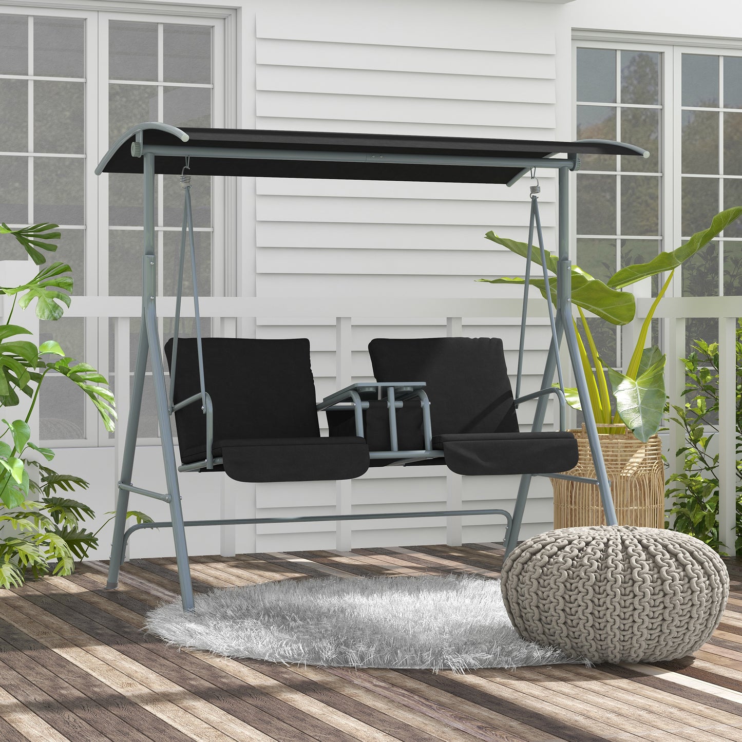 2-Seater Outdoor Porch Swing with Adjustable Canopy and Table, Patio Swing Chair for Garden, Poolside, Backyard, Black Kids Crystal