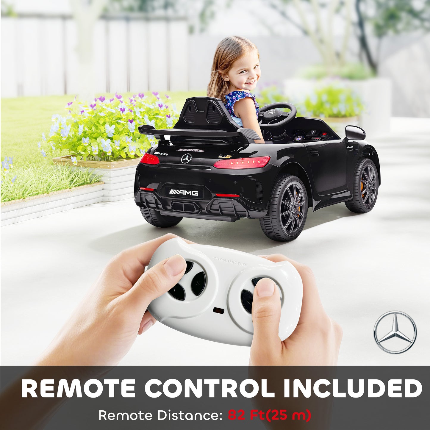 Mercedes-Benz AMG GTR Licensed 12V Battery Powered Kids Electric Car w/ Remote, Soft Start, Lights, Music Horn Black Kids Crystal