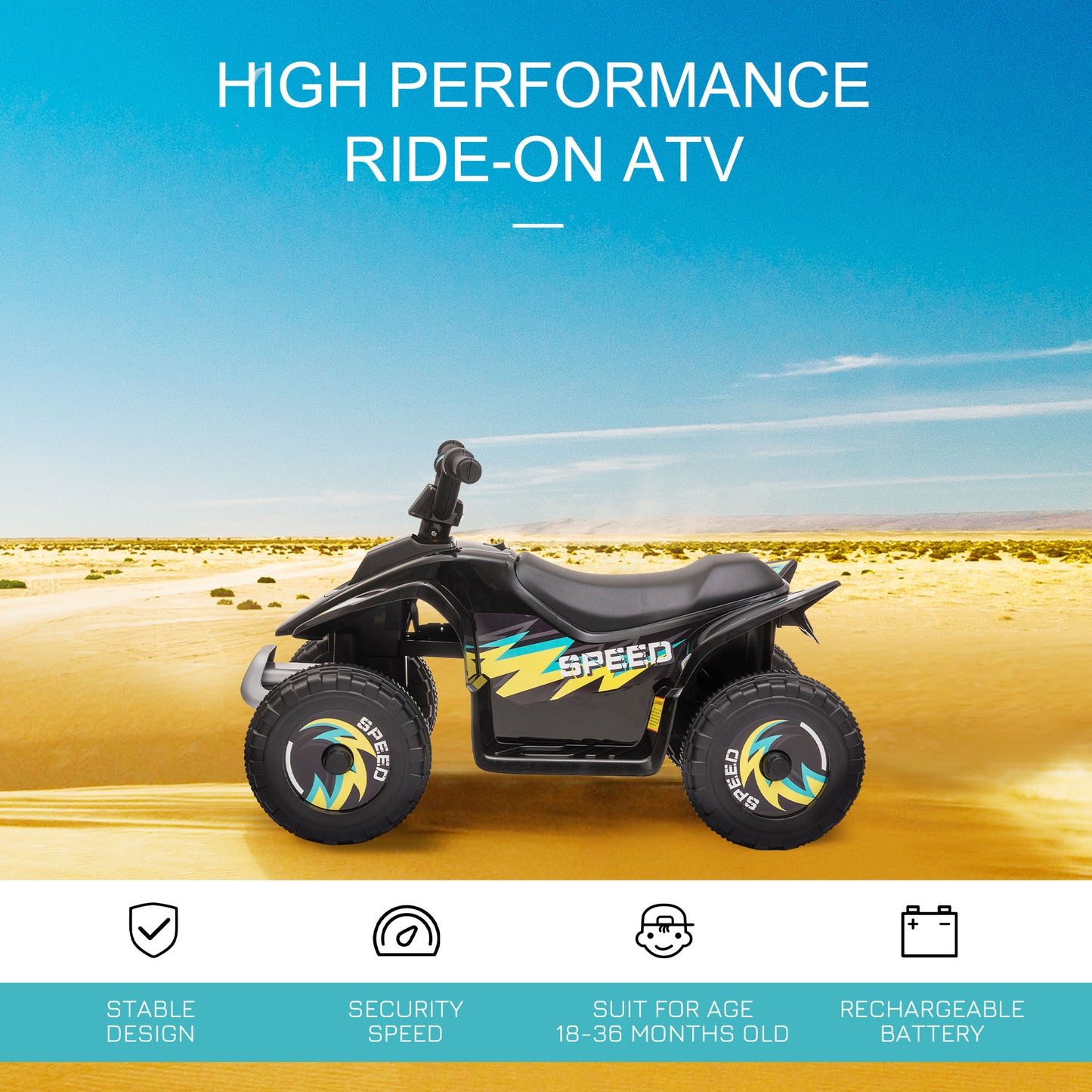 Kids Ride on ATV, 6V Battery Powered Quad Car with Forward, Reverse Switch, for Boys Girls 18-36 Months, Black Kids Crystal