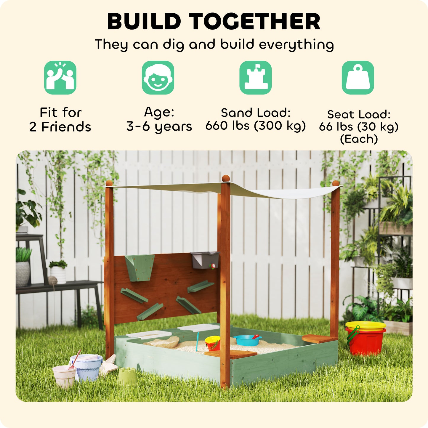 Wooden Kids Sandbox with Canopy, Sand Wall, Bottom Liner, for 3-6 Years, 46" x 44" W x 50" Green Kids Crystal