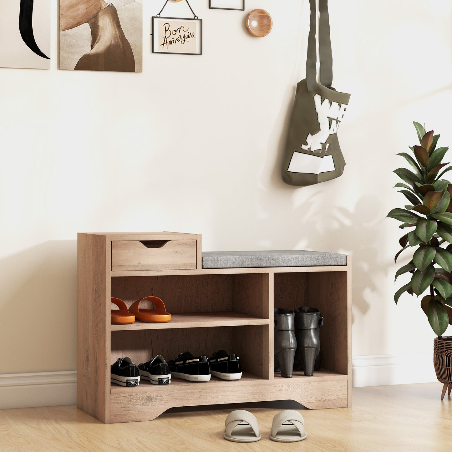 Upholstered Shoe Storage Bench, Hallway Shoe Storage with Seat, Drawer, 3 Open Shelves for Entryway, Grey Kids Crystal