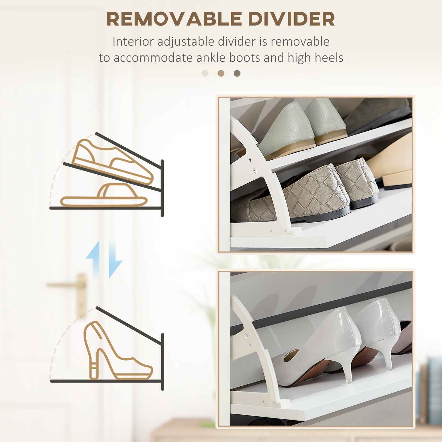 Narrow Shoe Storage Cabinet 3 Flip Drawers Adjustable Shelves Organizer for 24 Pairs White Kids Crystal