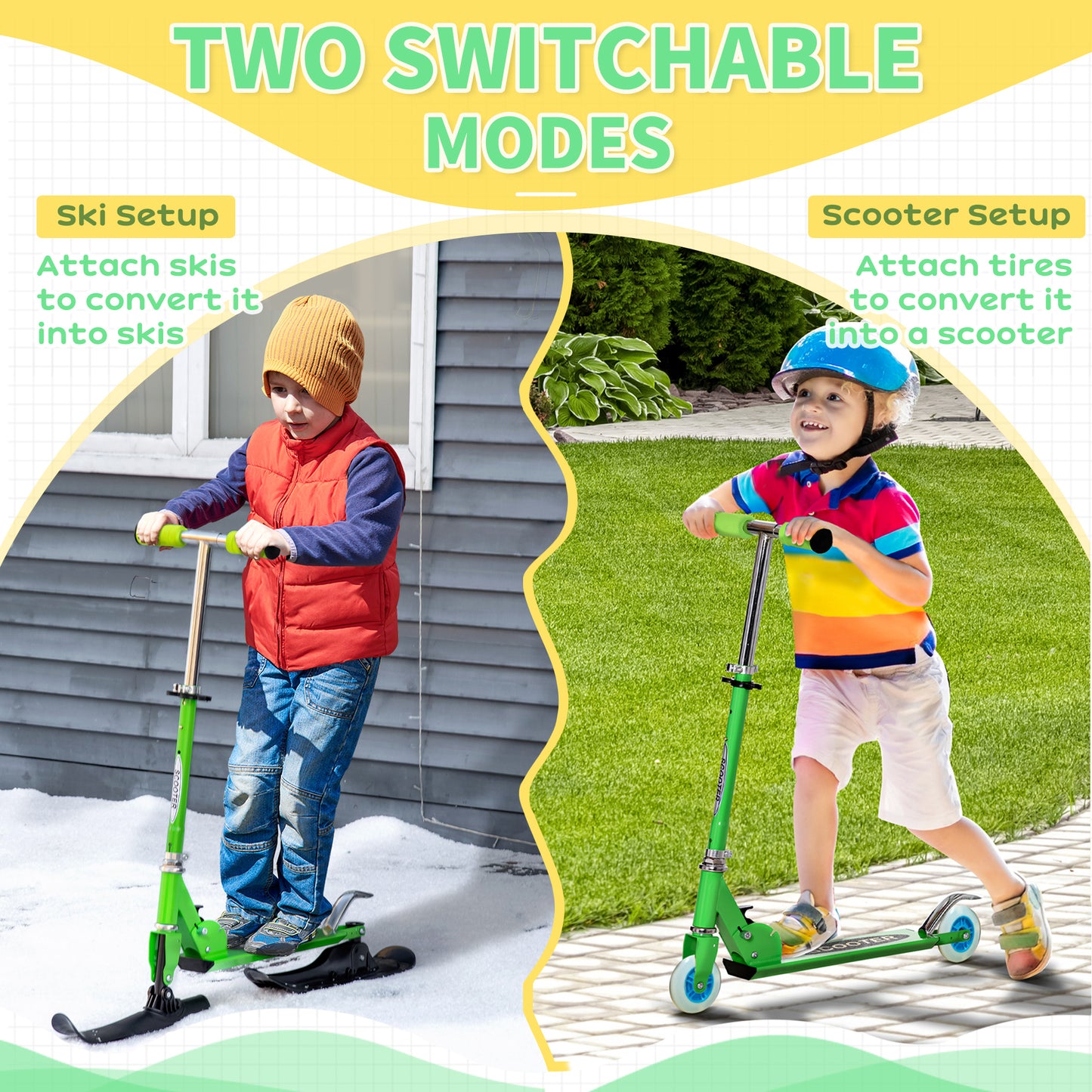 2-in-1 Convertible All-weather Scooter Snow Street Amphibious w/ Wheels Blades Green Kids Crystal