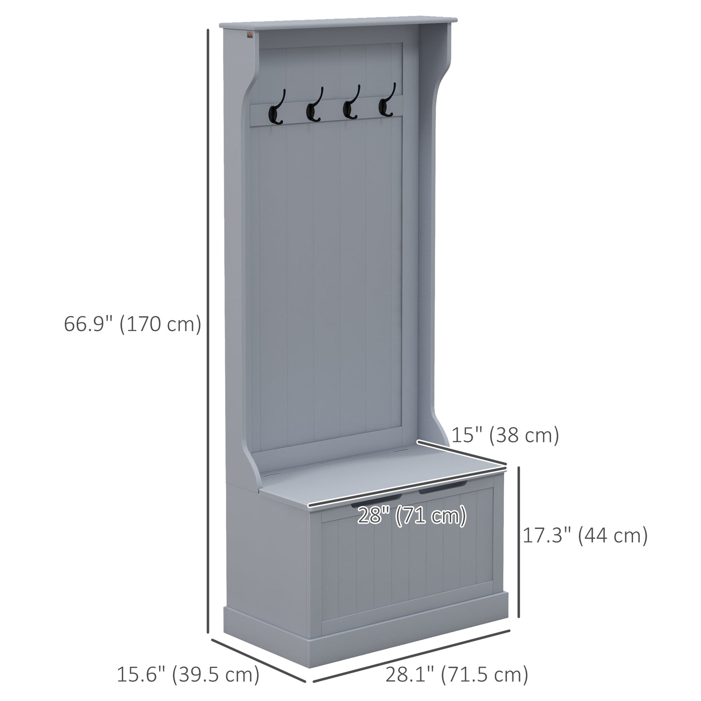 3-In-1 Hall Tree with Coat Rack, Shoe Storage and Bench Seat, Entryway Bench with 4 Hooks for Hallway, Living Room, Grey