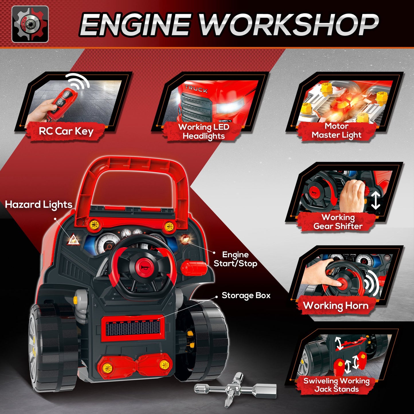 Educational Kids Truck Engine Toy Set Car Service Station Playset with Steering Wheel Horn Light RC Car Key Red Kids Crystal