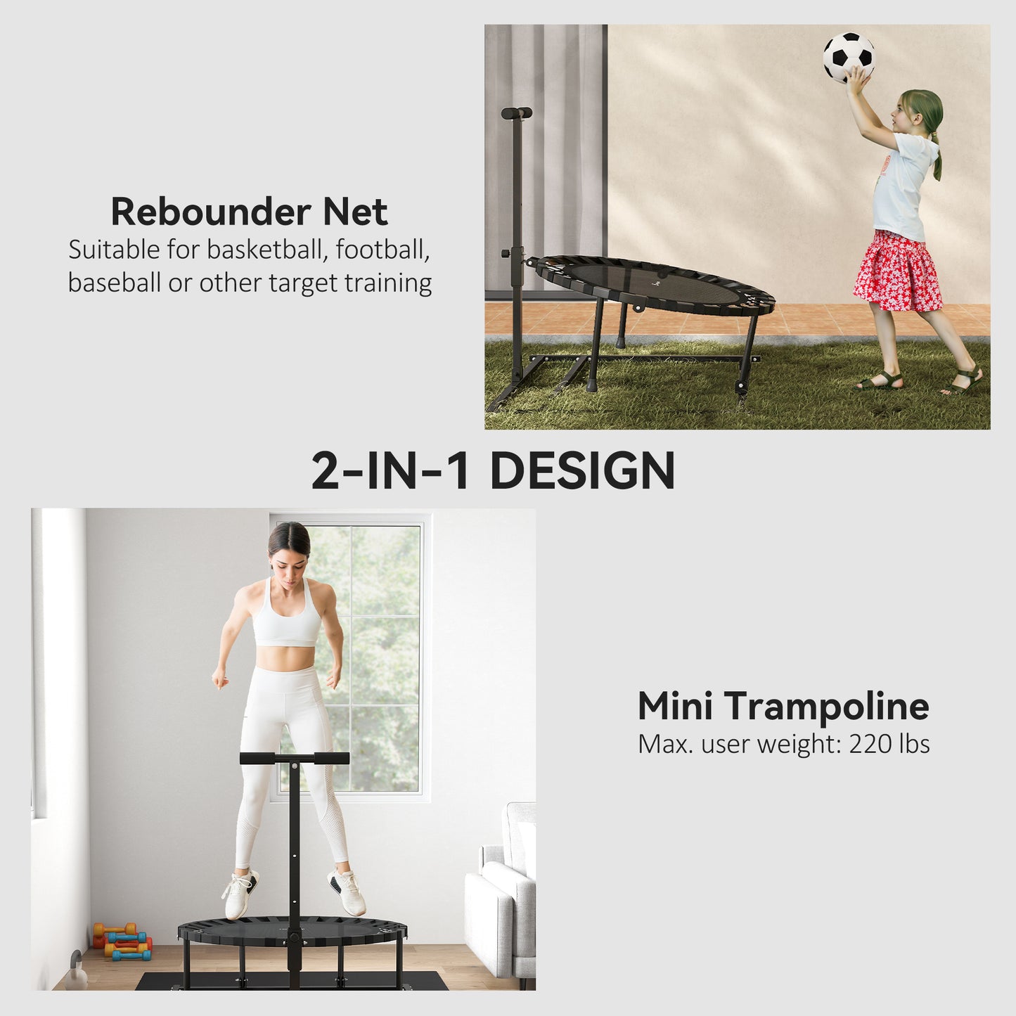 2-in-1 38" Rebounder Trampoline for Adult, 8-Angle Adjustable Baseball Volleyball Soccer Rebounder Fitness Trampoline Kids Crystal
