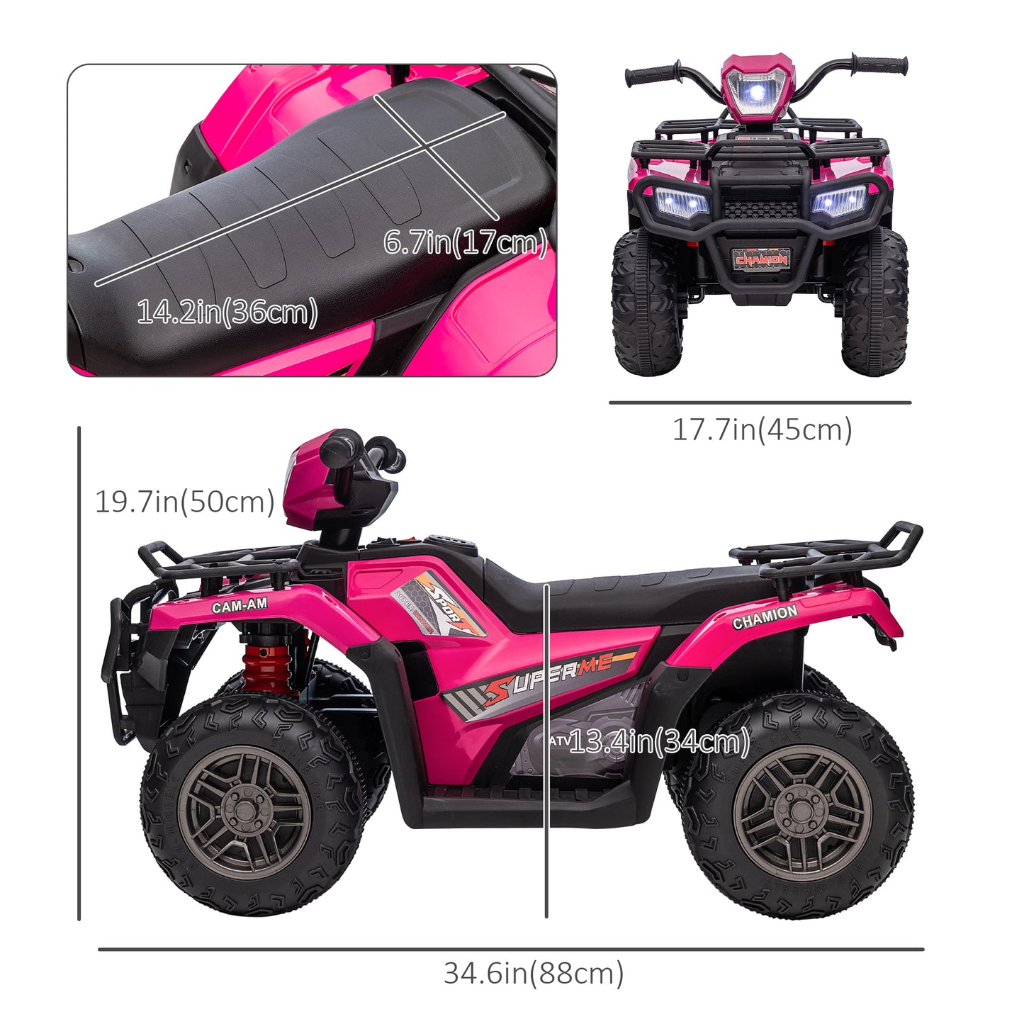 Kids ATV: 12V, 4 Wheeler Quad, Battery Powered, Music, LED Lights, Treaded Tires, 3-5 Years, Pink Kids Crystal