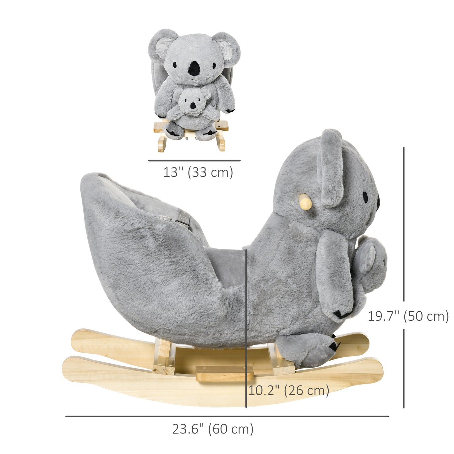 Koala Rocking Horse for Kids - Plush Ride-On Toy with Gloved Doll & Sounds, Ideal for 18-36 Months, Grey Kids Crystal