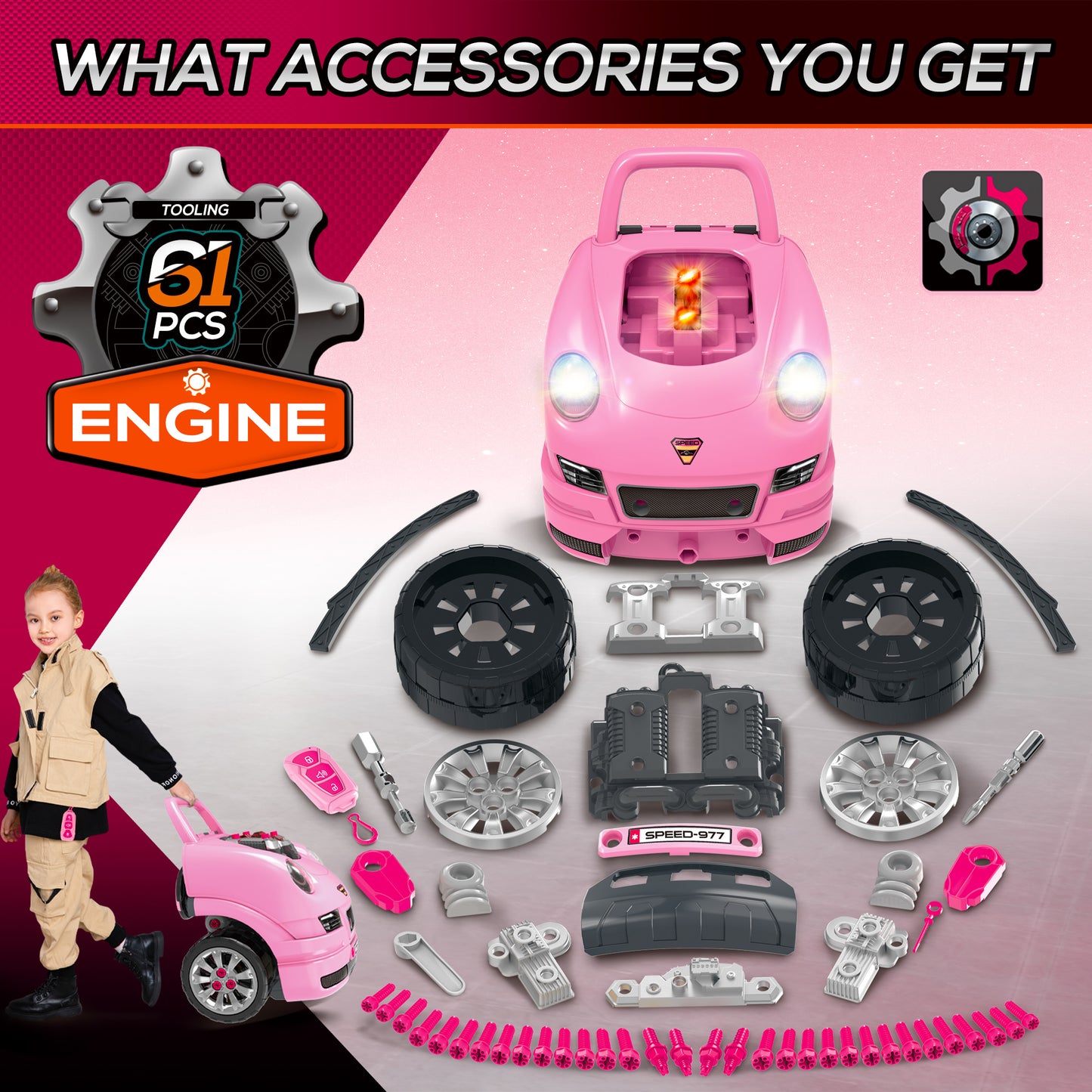 Kids Mechanic Truck Engine Repair Toy Set Car Service Pink Playset with Tools for Pretend Play Kids Crystal