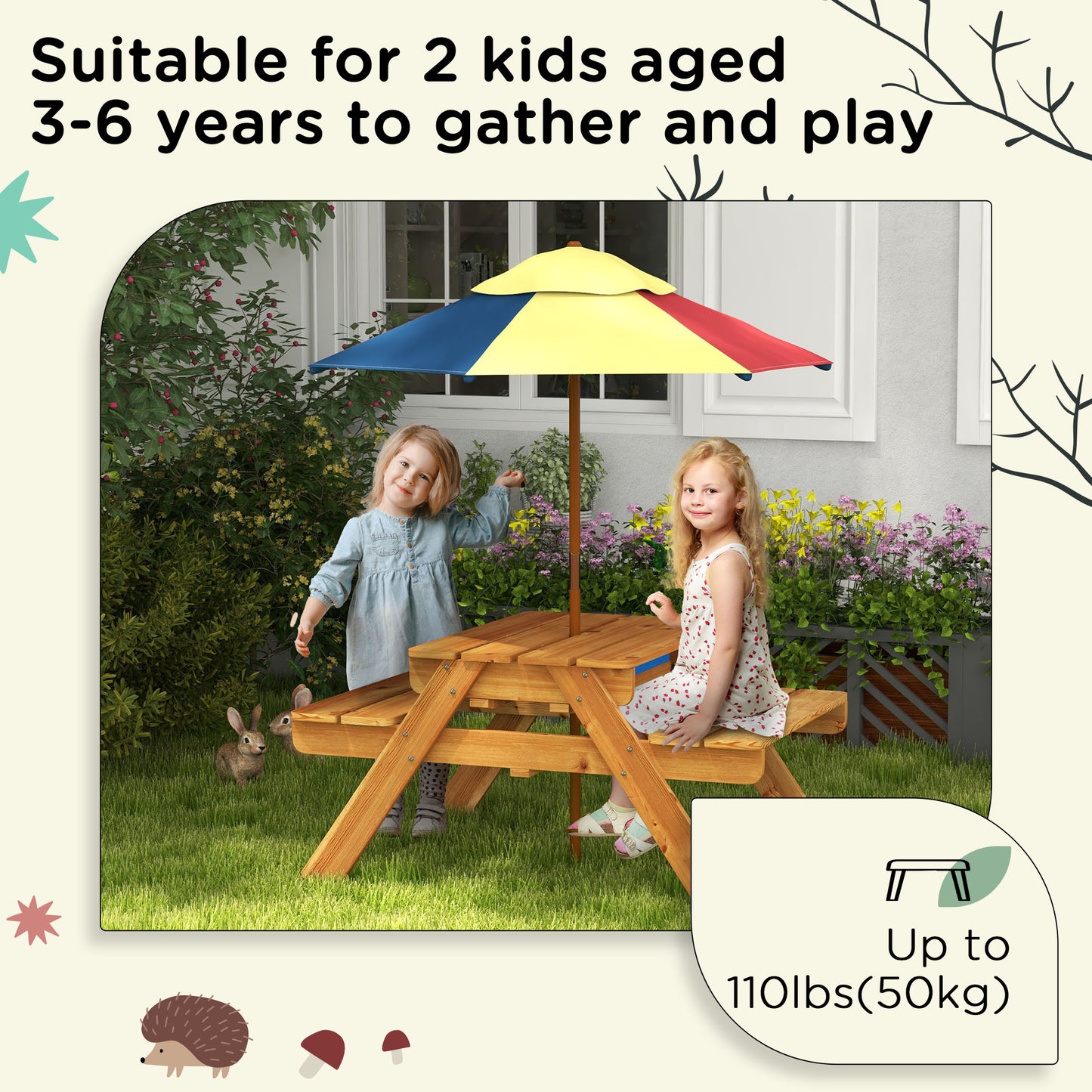 Toddler Water Table Kids Sand & Water Table with Removable Foldable Umbrella for Patio Lawn Garden, Aged 3-6 Years Old