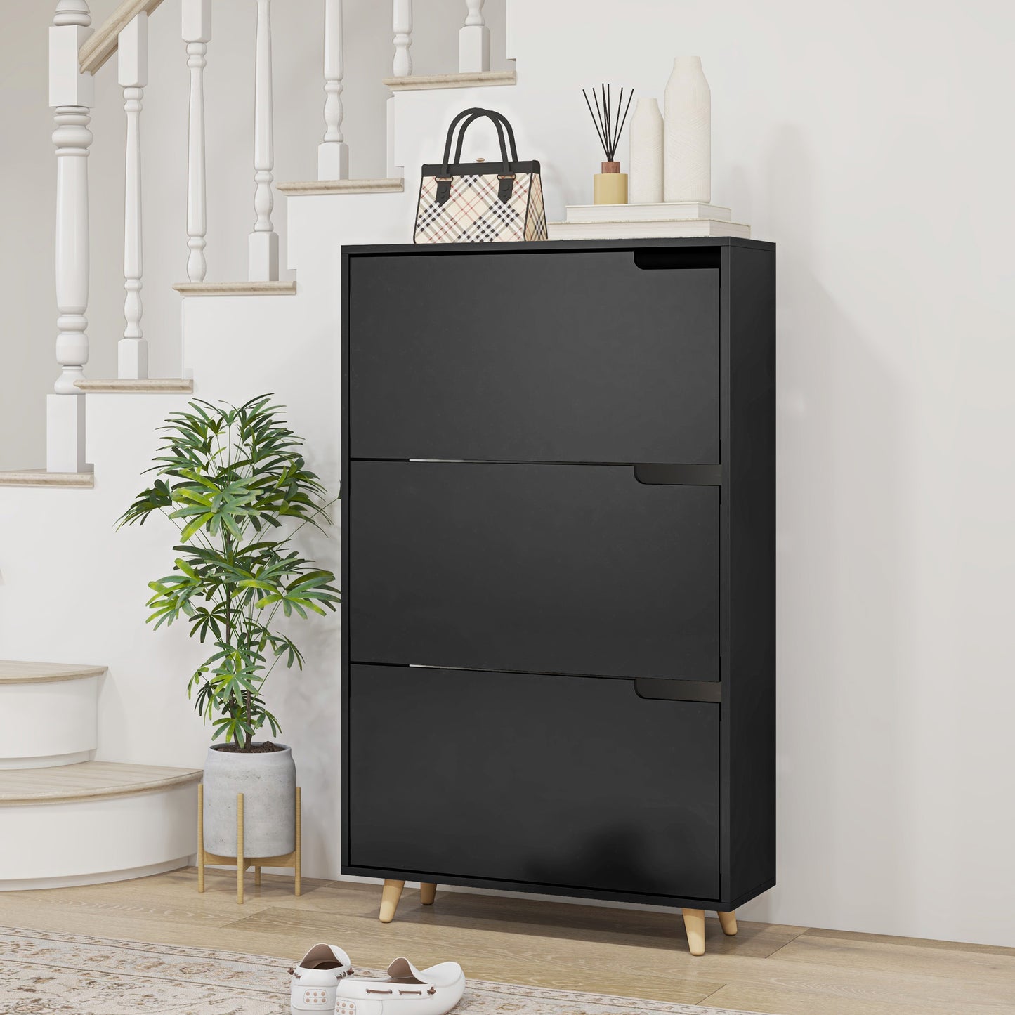 Slim Shoe Storage Cabinet 3 Flip Drawers Adjustable Shelves for 18-24 Pairs Black Kids Crystal
